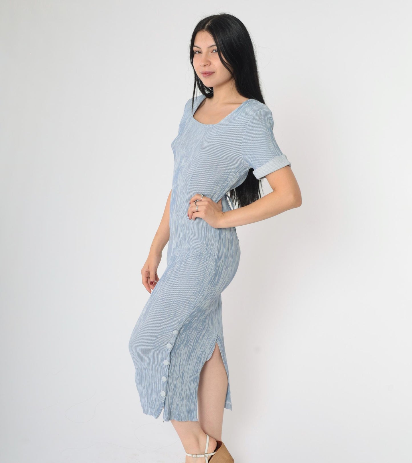 90s Blue White Striped Midi Sheath Dress Cuffed Sleeves Small S