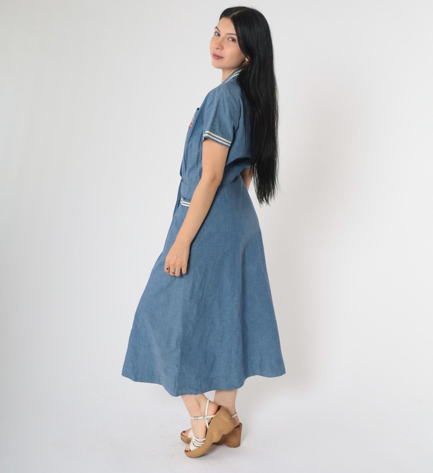 80s Nautical Chambray Shirt Dress Embroidered Flags Midi Blue Small Medium