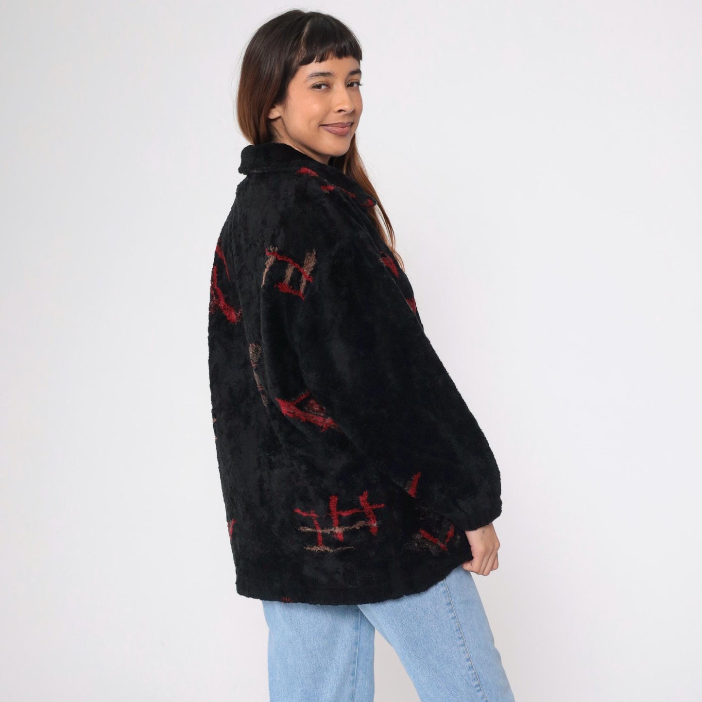 90s Forecaster Fleece Jacket Black Abstract Geometric Zip Up Extra Small