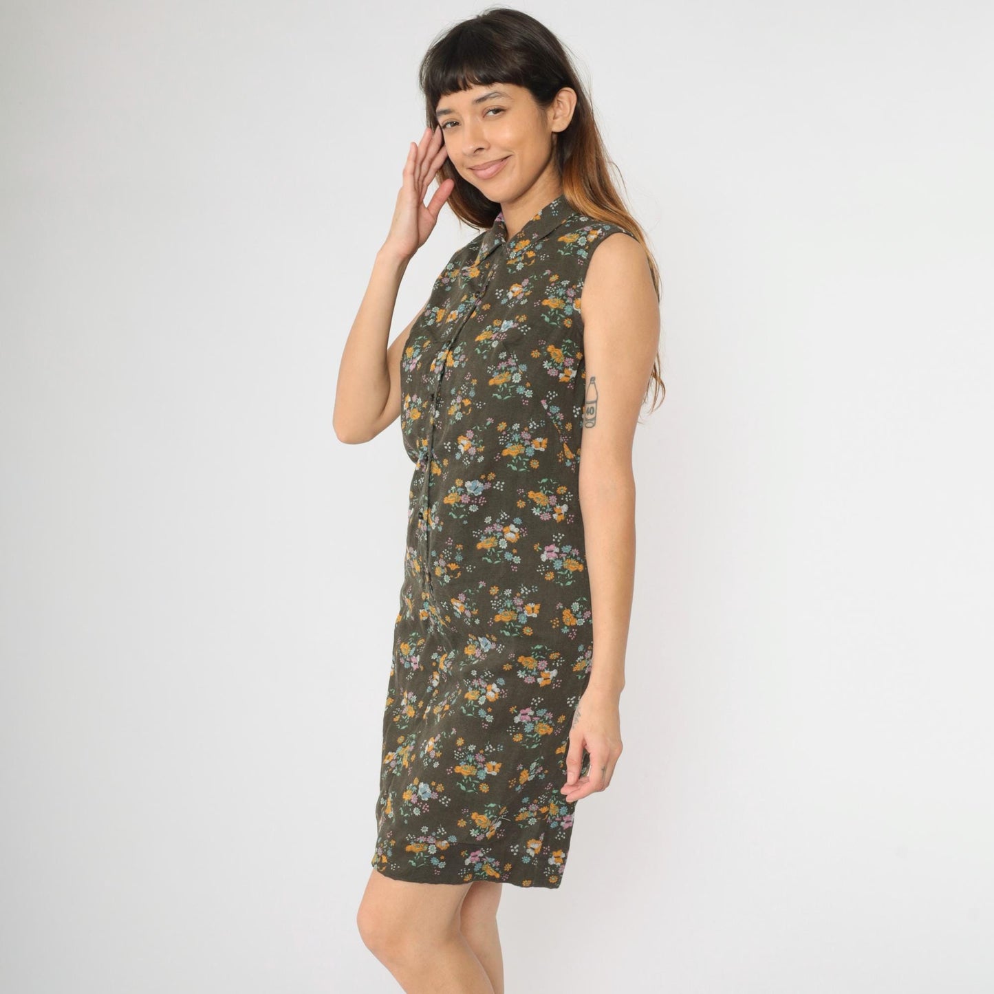 1960s Brown Floral Butterfly Shift Dress Sleeveless Button-Up Small