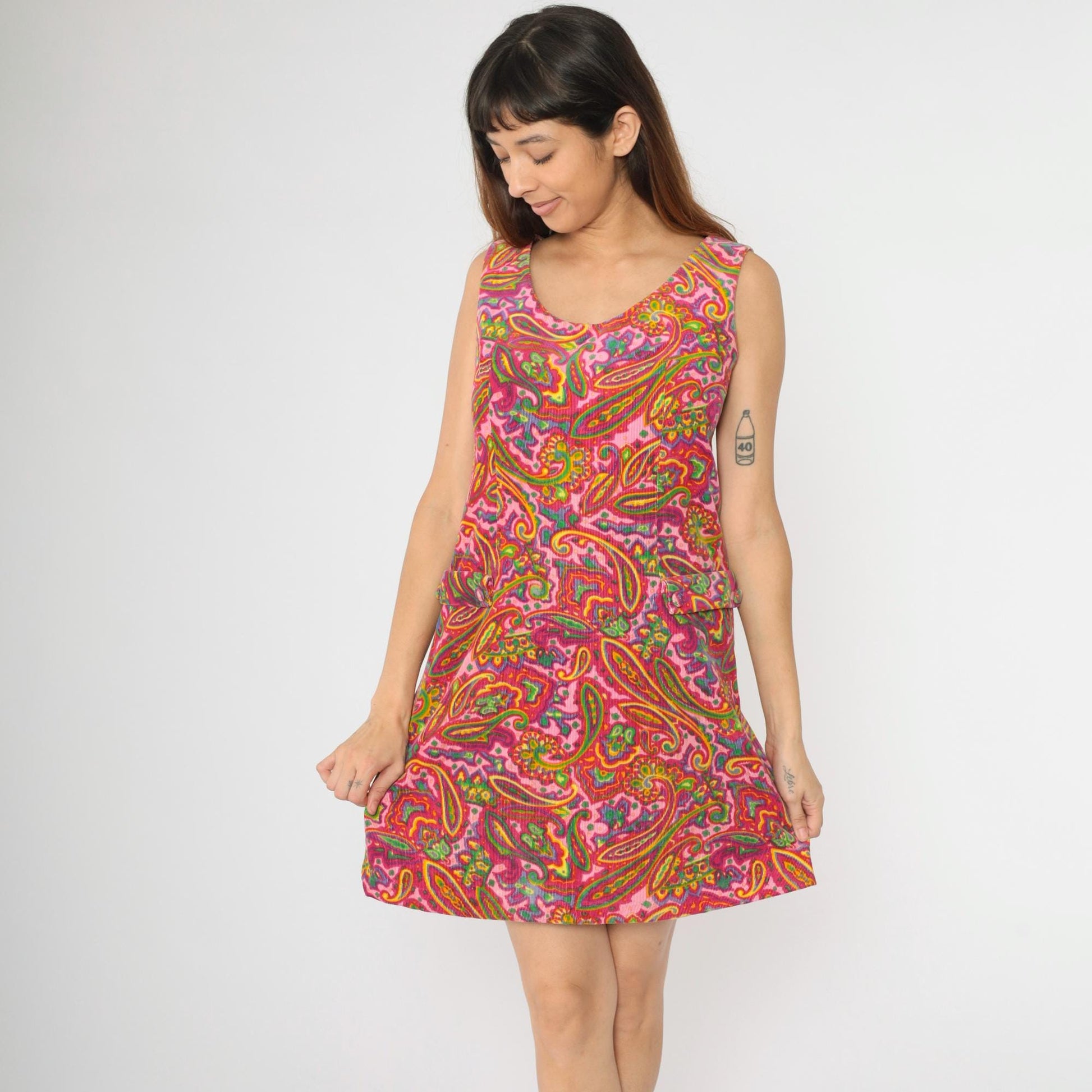 60s Pincord Psychedelic Paisley Corduroy Mini Dress Pink Scoop Neck Small