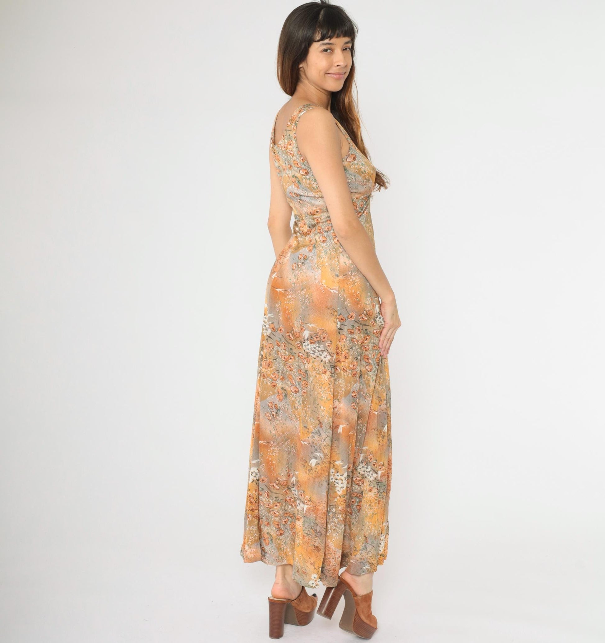70s Floral Crane Print Maxi Dress Empire Waist V-Neck Grey Orange Small S