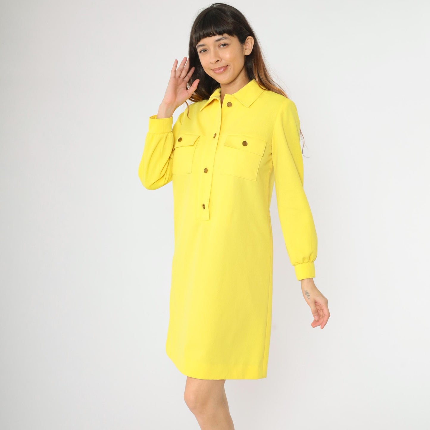 1970s L'Aiglon Yellow Knit Mod Shift Dress Button Front Pockets Small