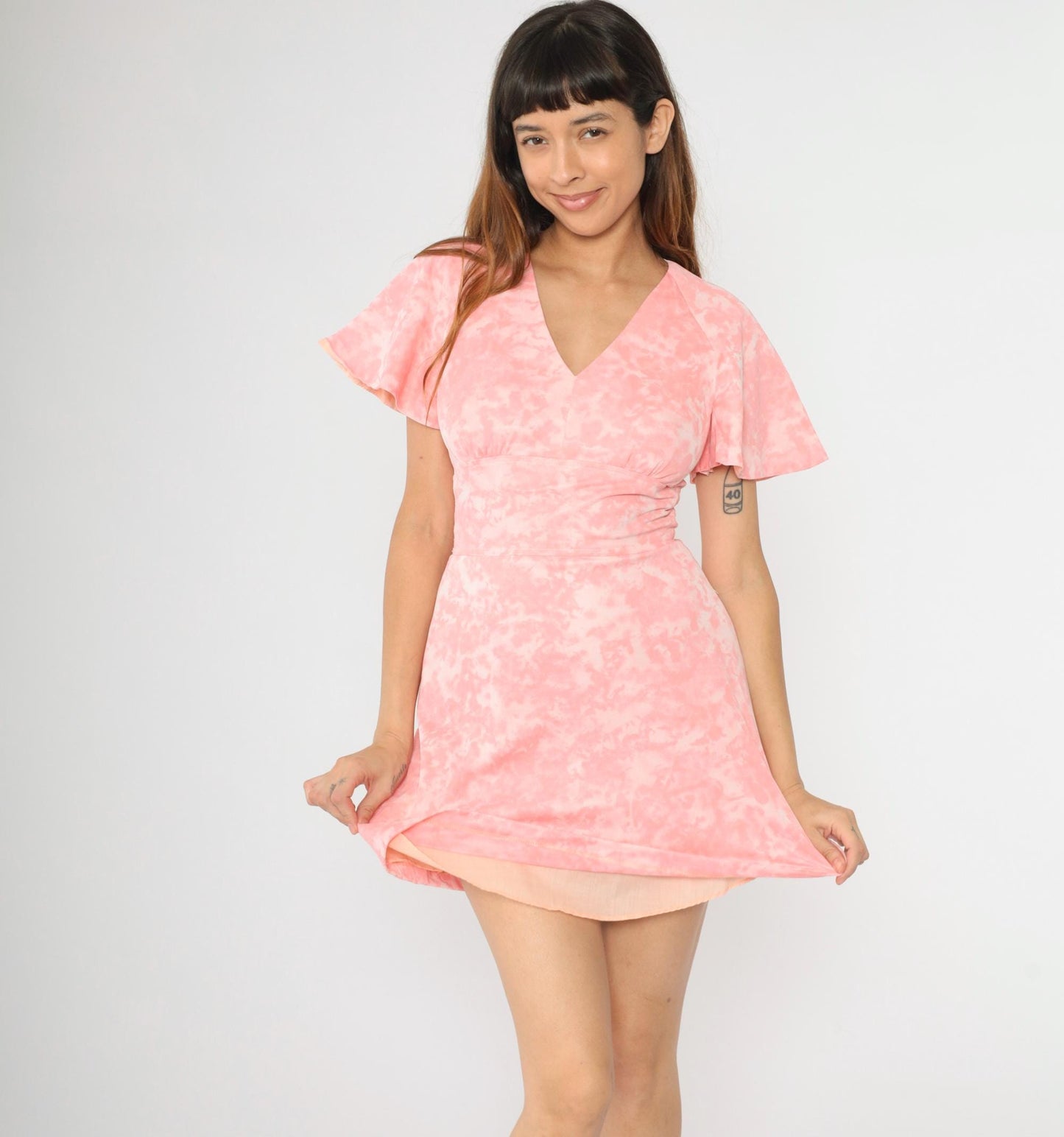 60s Pink Tie Dye Babydoll Mini Dress Flutter Sleeve Empire Waist Small