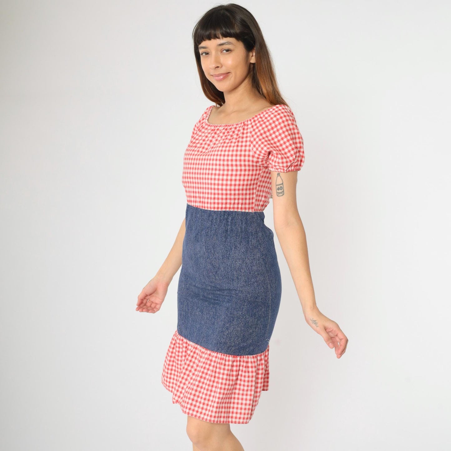 70s Red Gingham Peasant Dress Puff Sleeve Mini Chambray Skirt 2XS