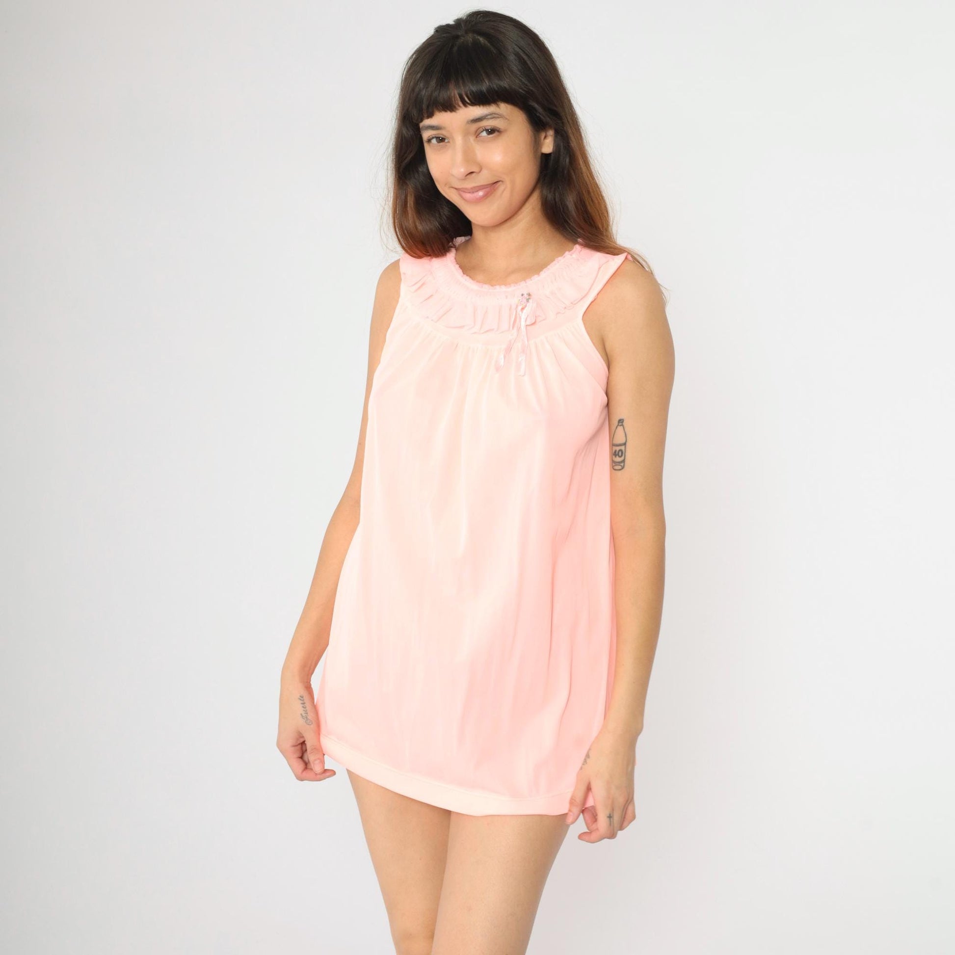 60s Pink Nylon Babydoll Nightgown Ruffle Yoke Slip Dress Small