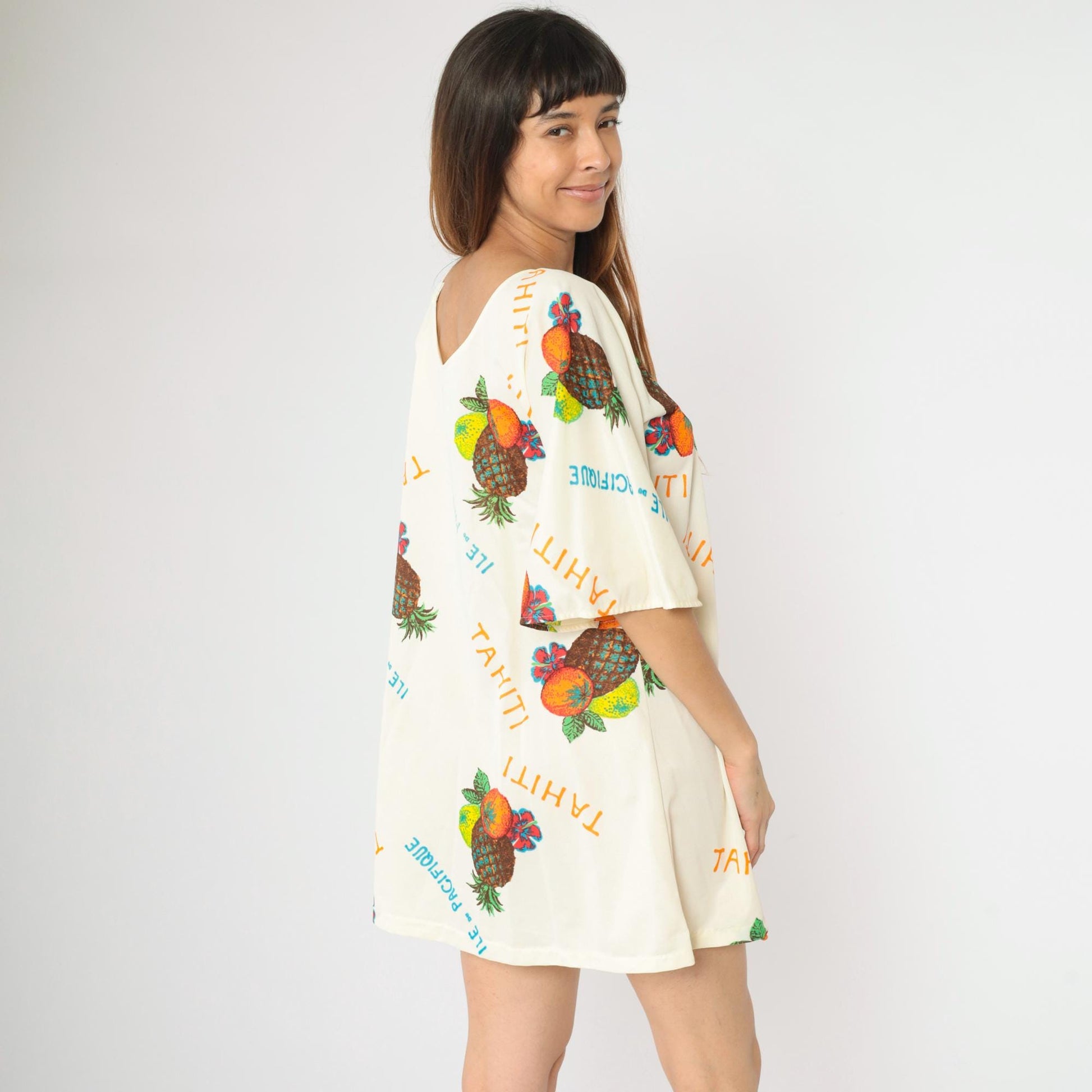70s Zenith Loungewear Tropical Print Shift Dress Cream Bell Sleeve Medium M
