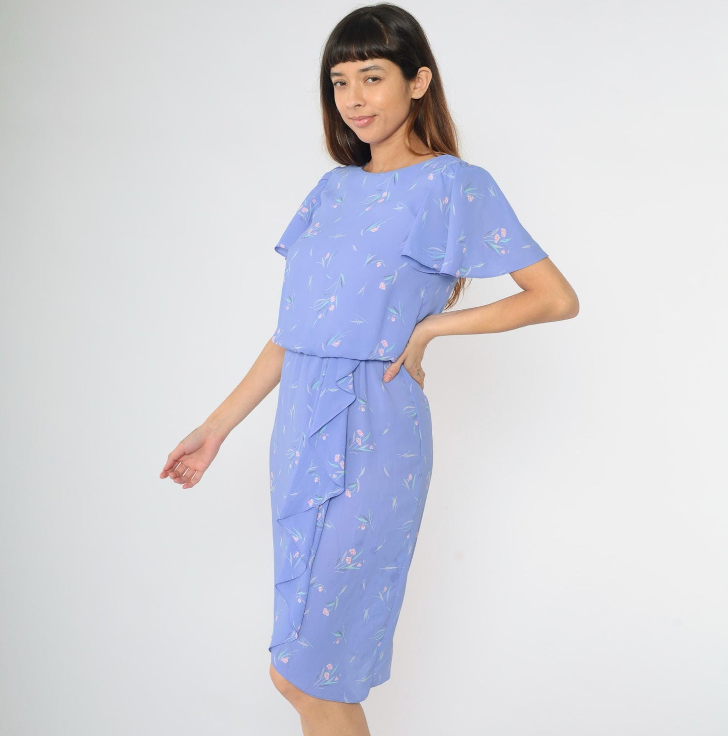 1970s Lavender Floral Midi Dress Flutter Sleeves Blouson Wrap Small