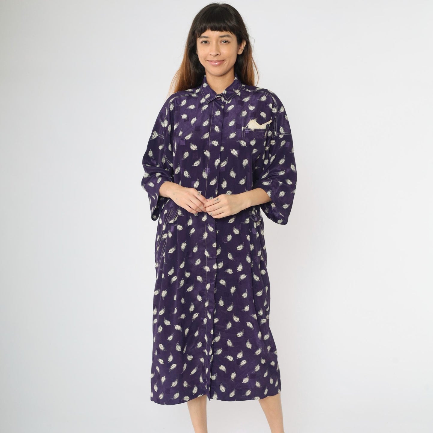 80s Leslie Fay Purple Leaf Embossed Grid Midi Shirtdress Large XL