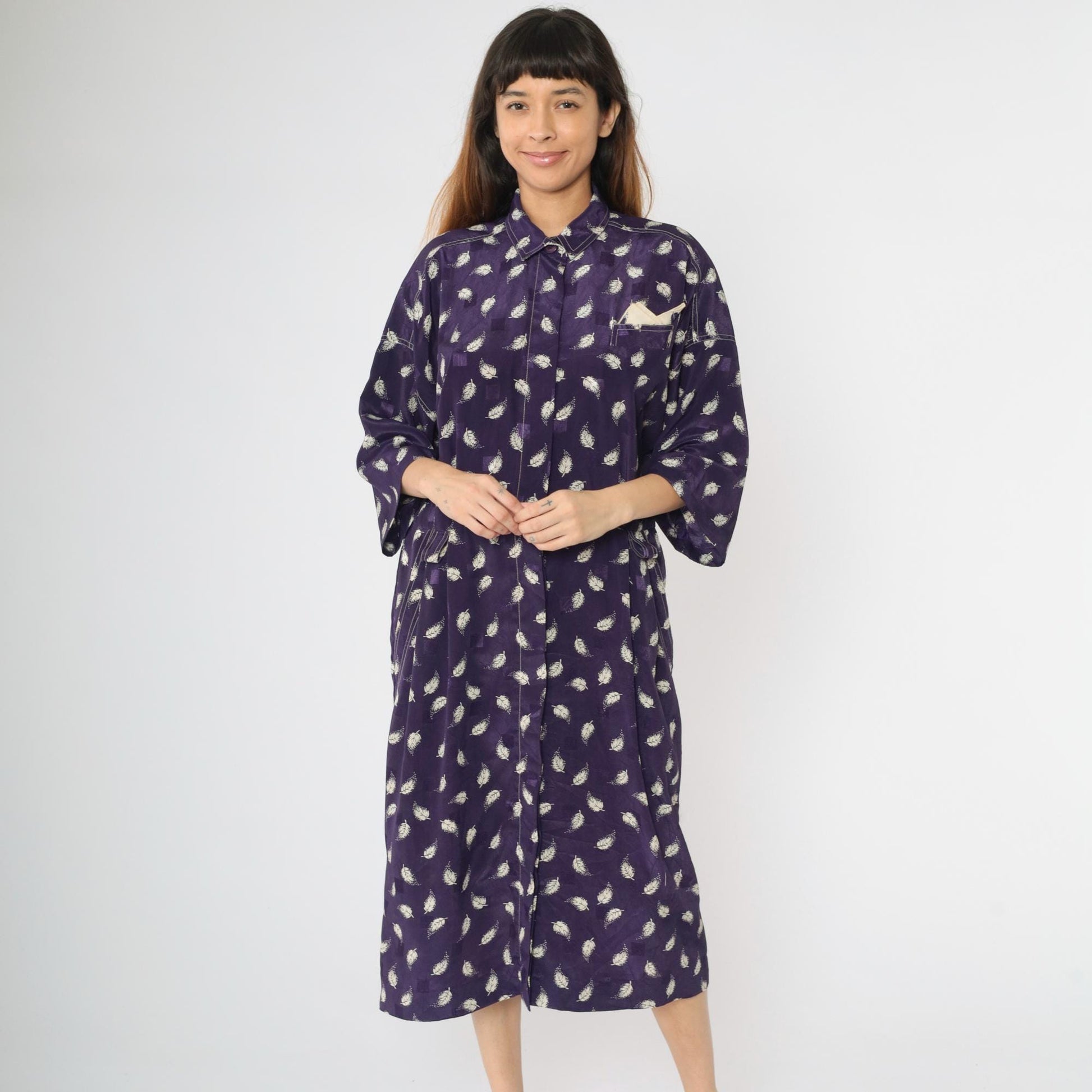 80s Leslie Fay Purple Leaf Embossed Grid Midi Shirtdress Large XL