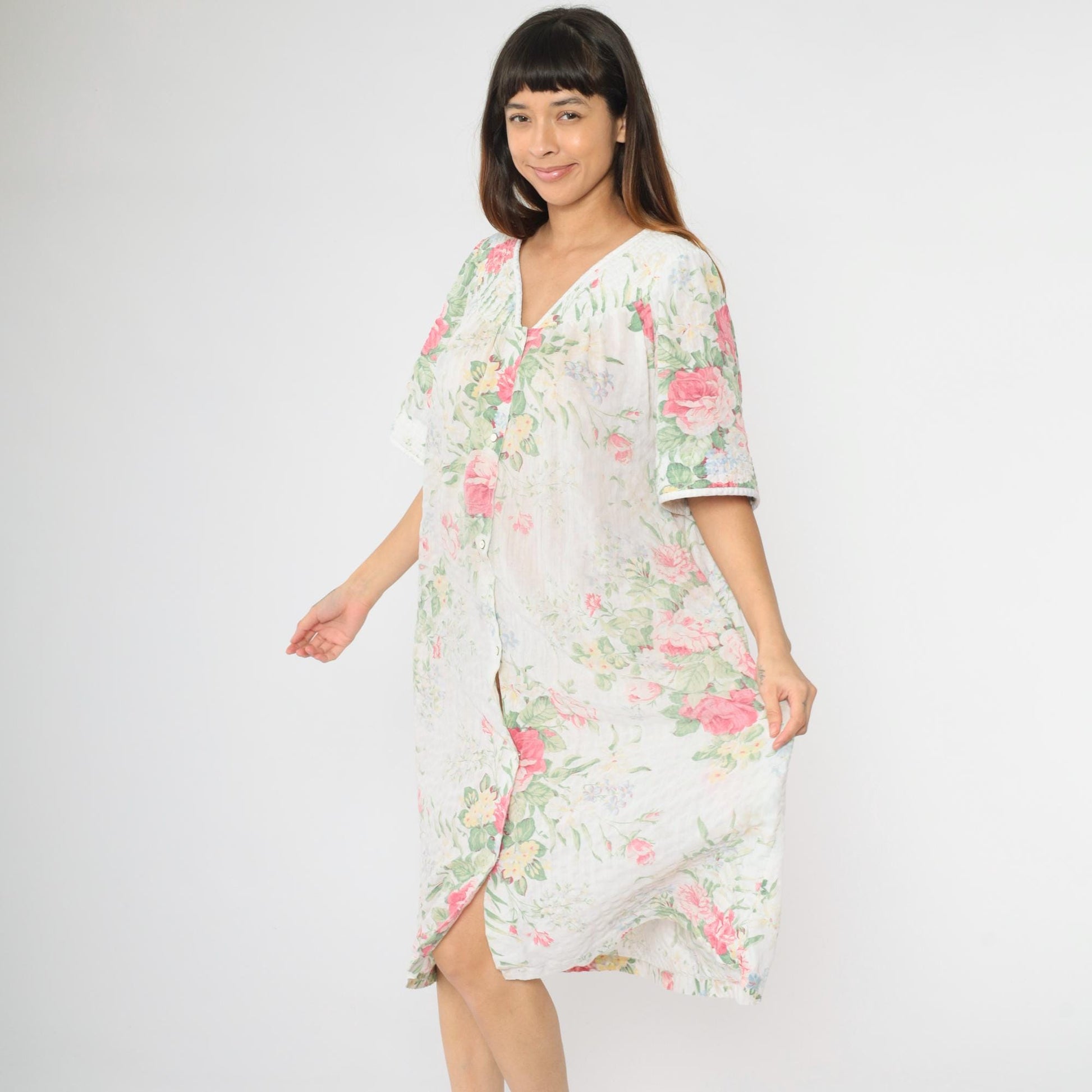 80s Floral Lounge Dress White Snap-Front Nightgown Pockets Extra Large