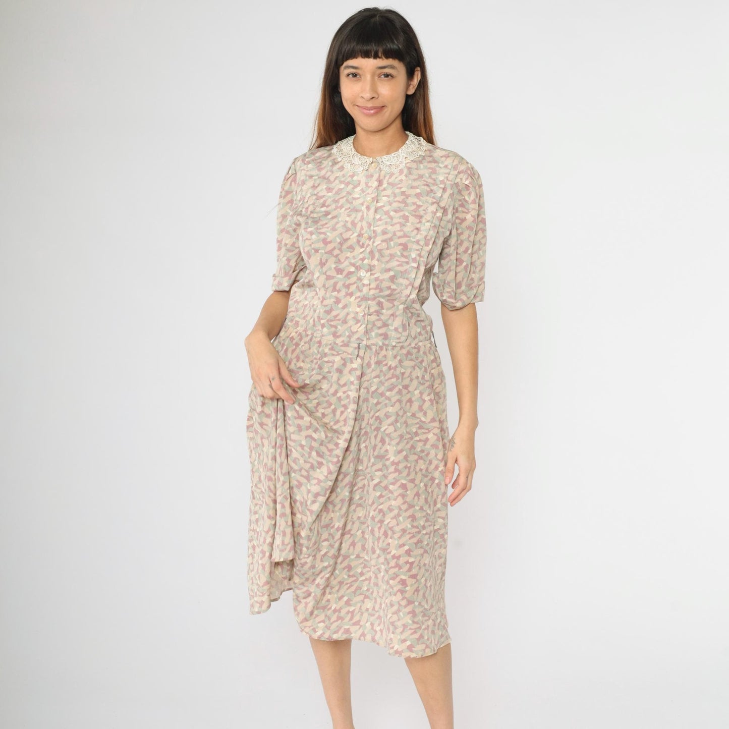 80s Jackie Taub Abstract Pastel Midi Dress Puff Sleeve Lace Collar Small
