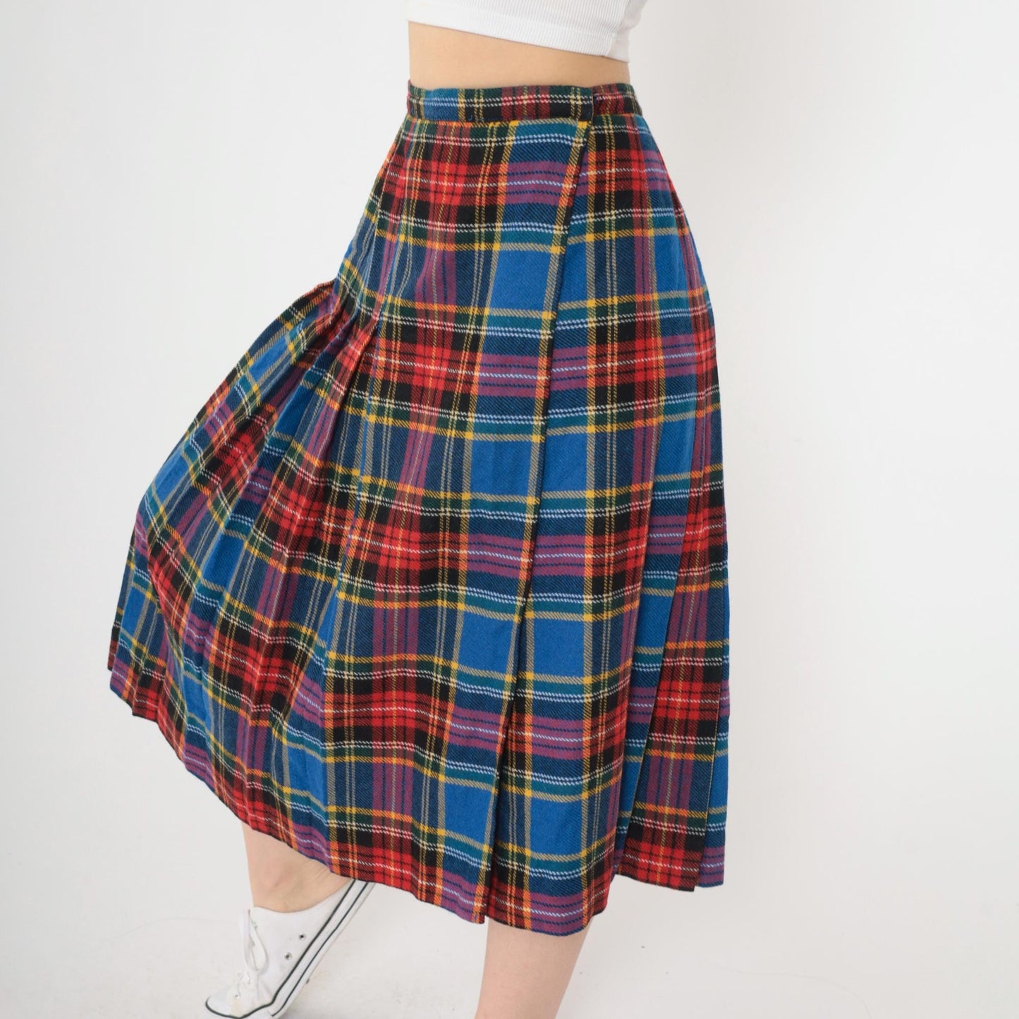 80s Ann Stevens Wool Plaid Midi Skirt High Waist Wrap Tartan Small