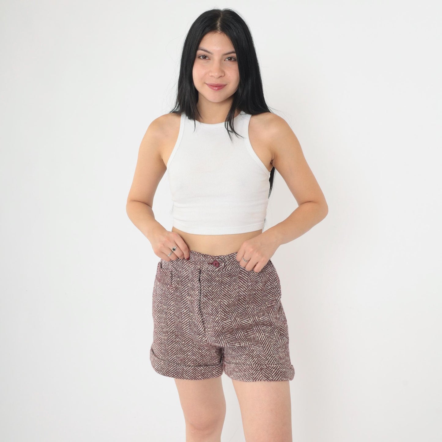 70s 80s Wool Blend Herringbone Shorts Burgundy White High Waist Cuffed Small