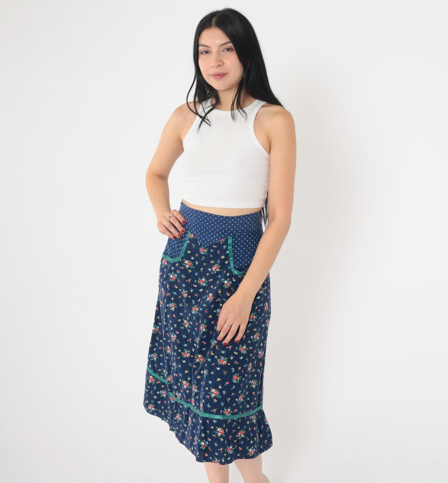 70s Gunne Sax Floral Midi Skirt Blue Polka Dot Calico Small
