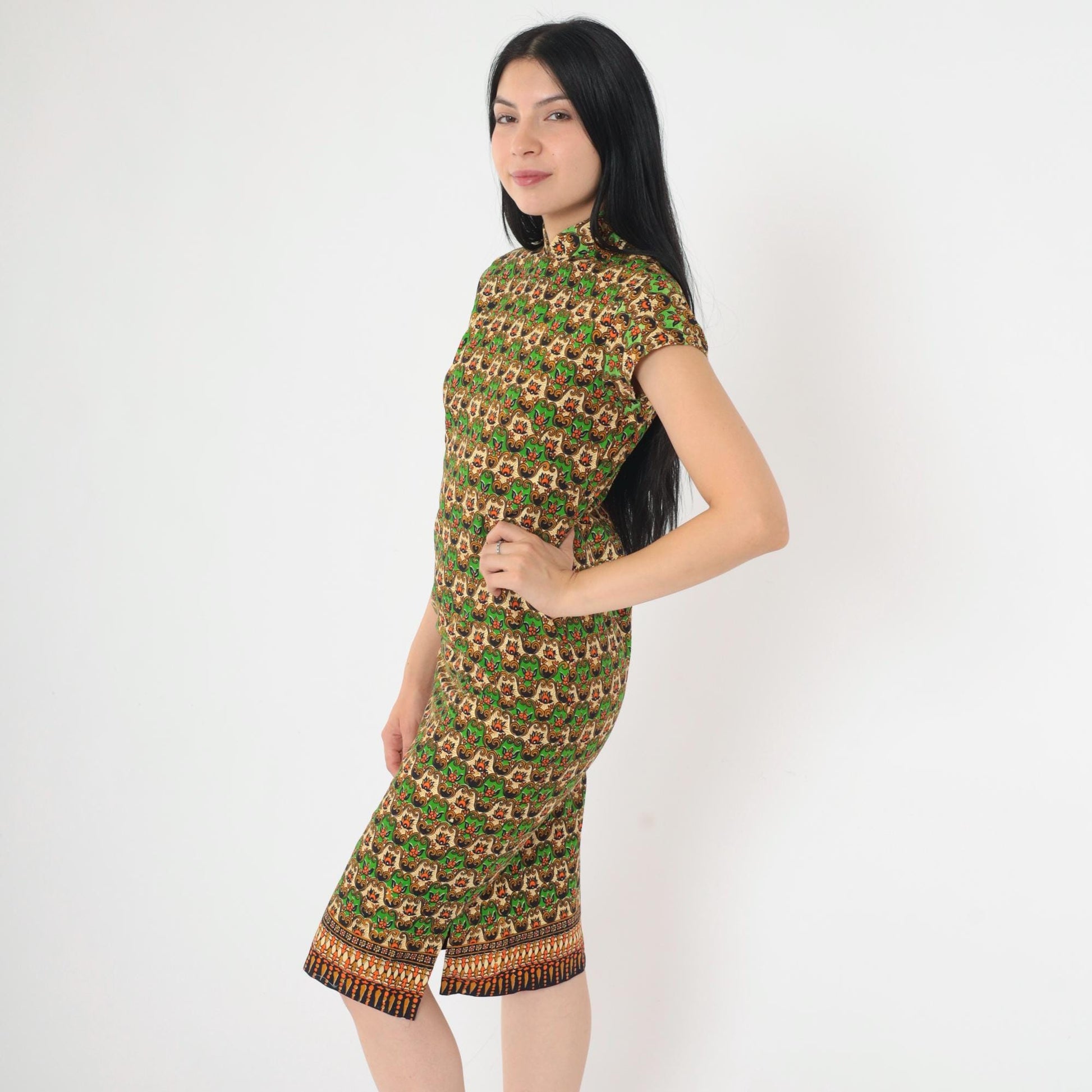 70s Cheongsam-Style Dress Green Batik Floral Print Mandarin Collar Midi XS