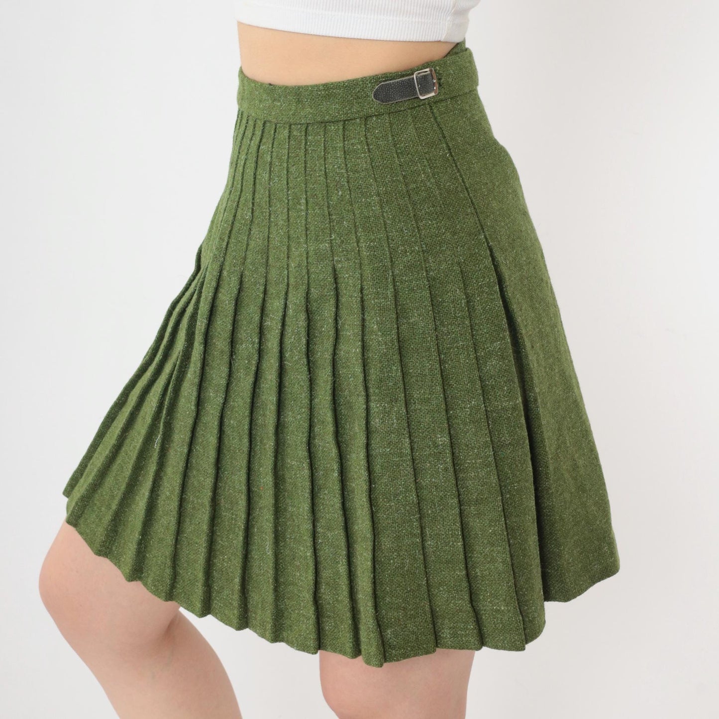 60s Wool Mini Skirt Olive Green Flecked High Waist Pleated XXS