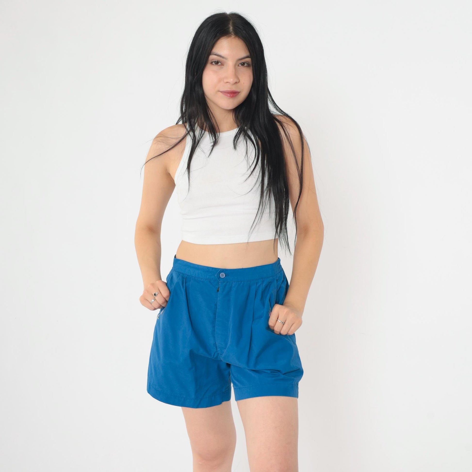 80s Blue Floral Embroidered High-Waist Shorts Pleated Elastic Waist Small