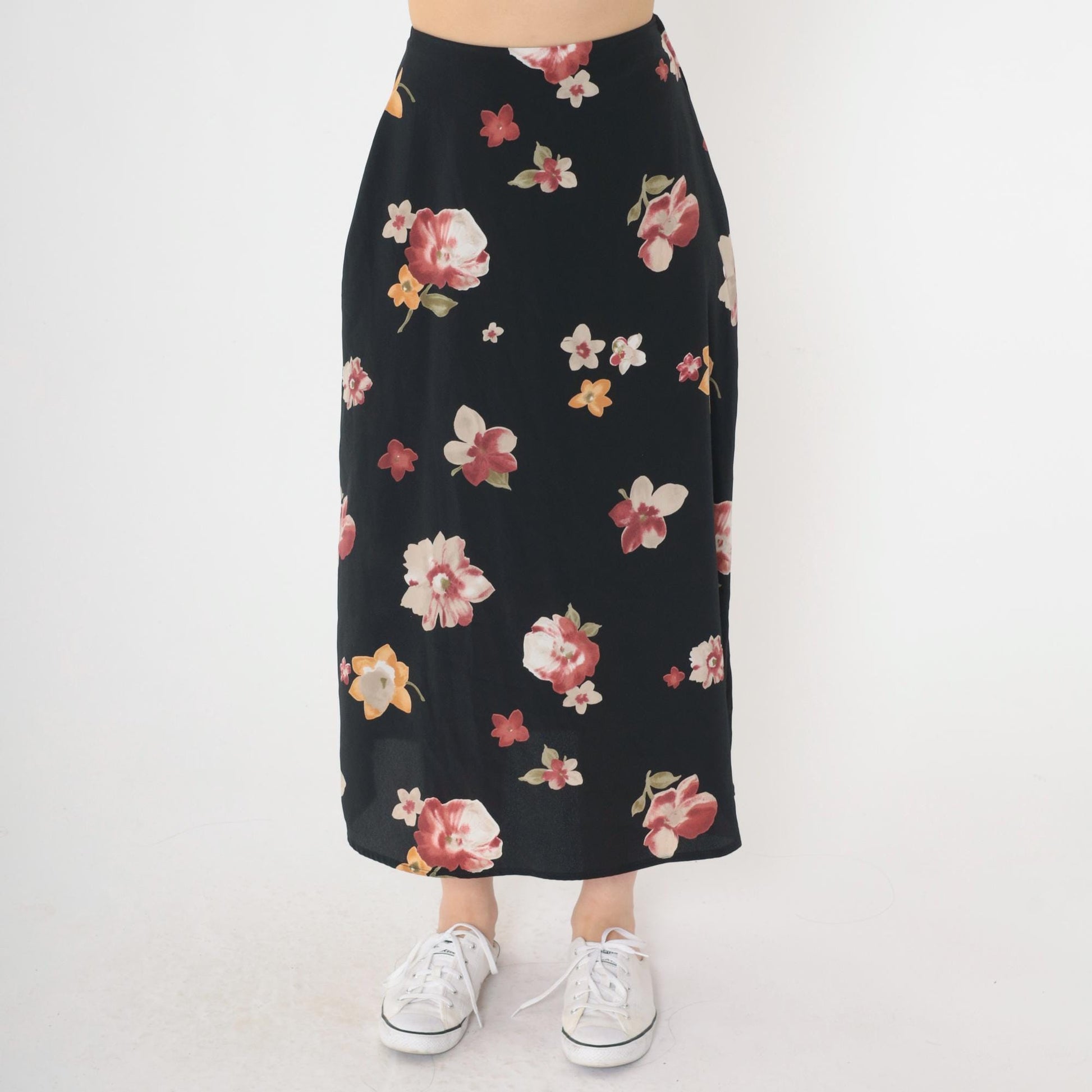 90s Black Floral Midi Skirt Red Yellow Print High Waist Extra Small XS