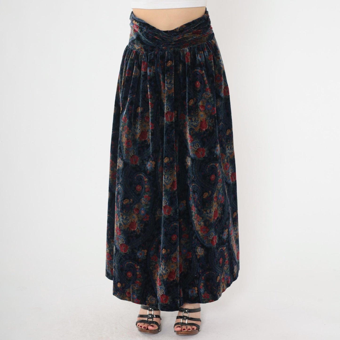 90s Floral Paisley Cotton Maxi Skirt Black Blue High Waist Small