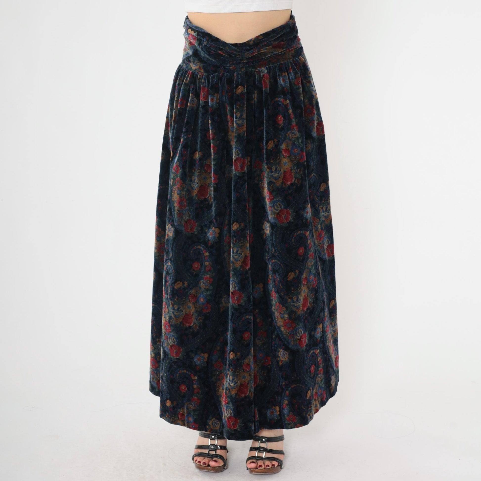 90s Floral Paisley Cotton Maxi Skirt Black Blue High Waist Small