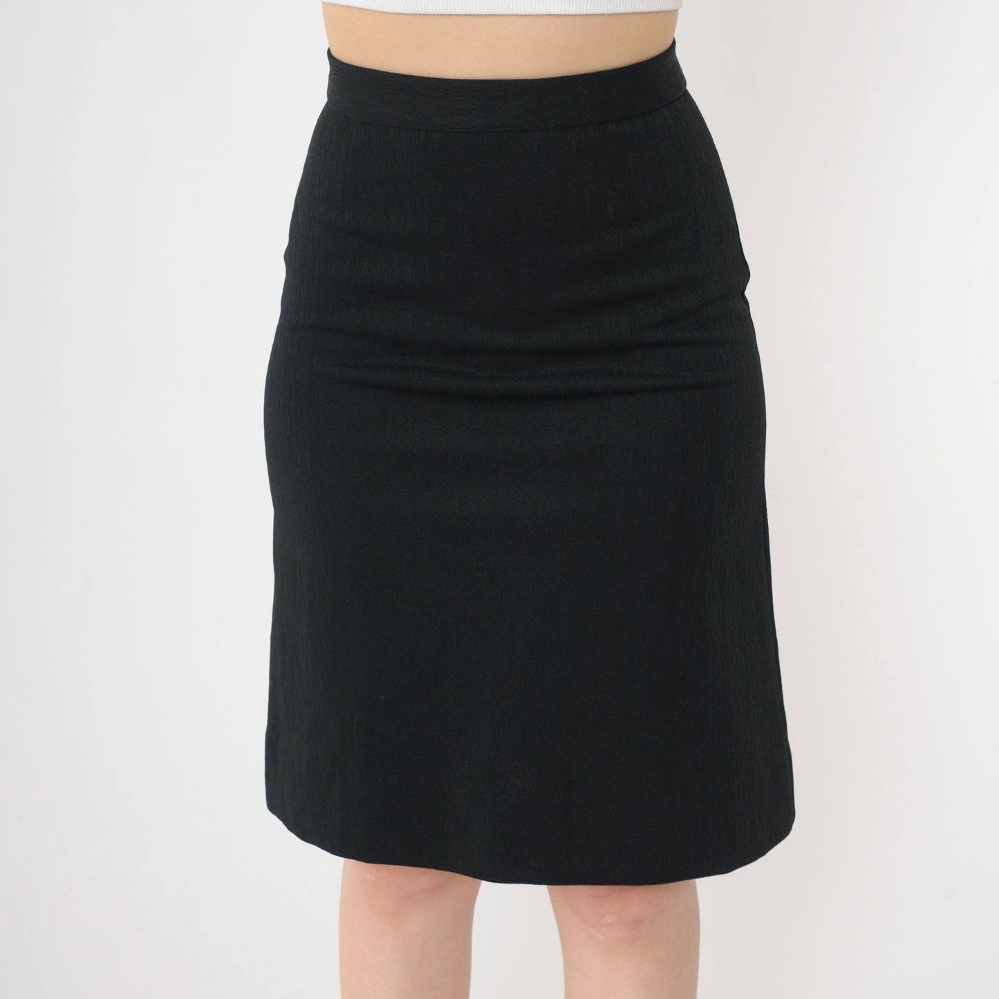 70s Black Geometric Textured Pencil Skirt High Waist Mini Extra Small