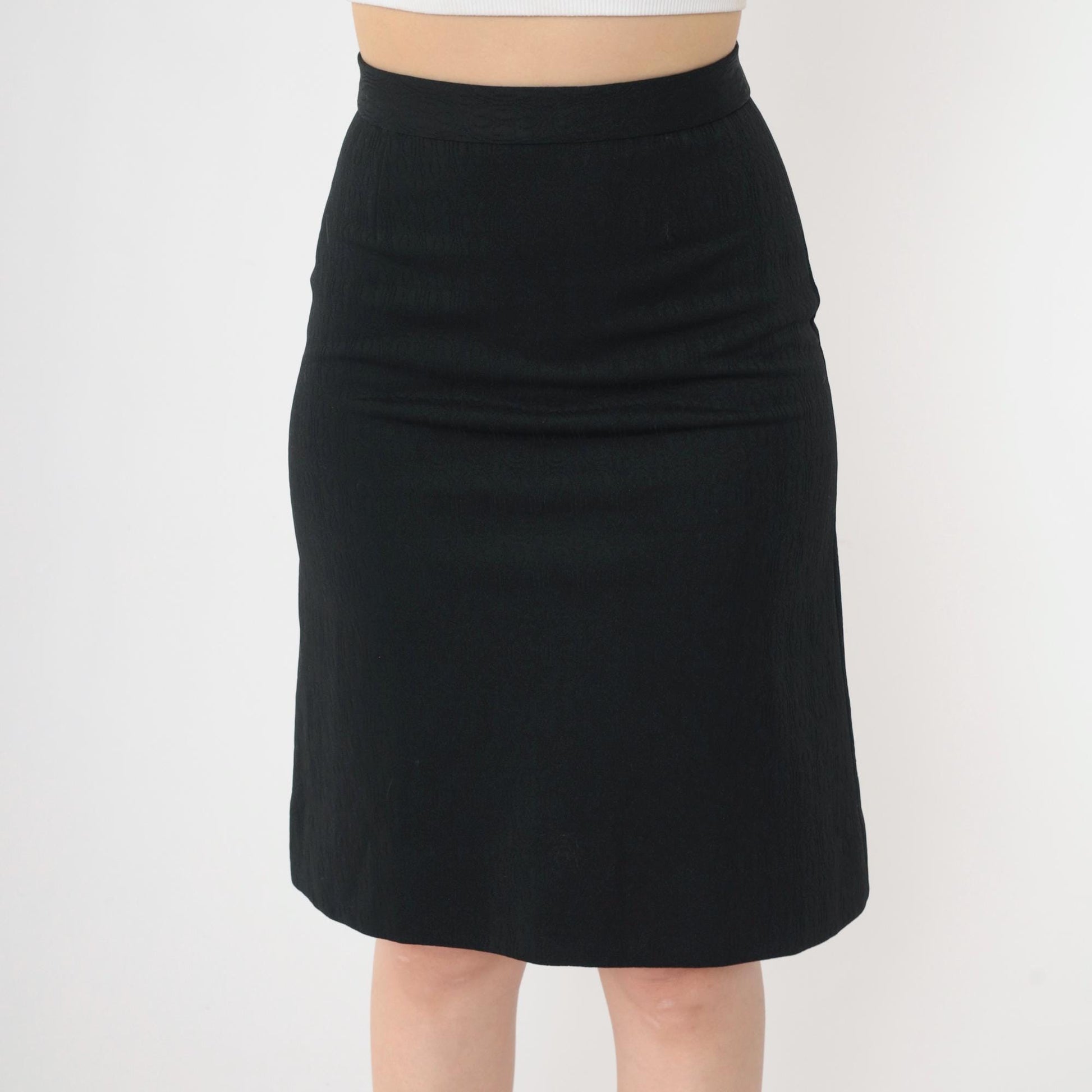 70s Black Geometric Textured Pencil Skirt High Waist Mini Extra Small
