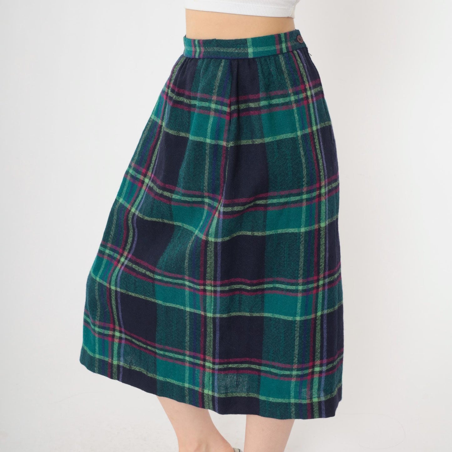 80s Jack Winter Pleated Plaid Wool Midi Skirt Teal Pink High Waist Small