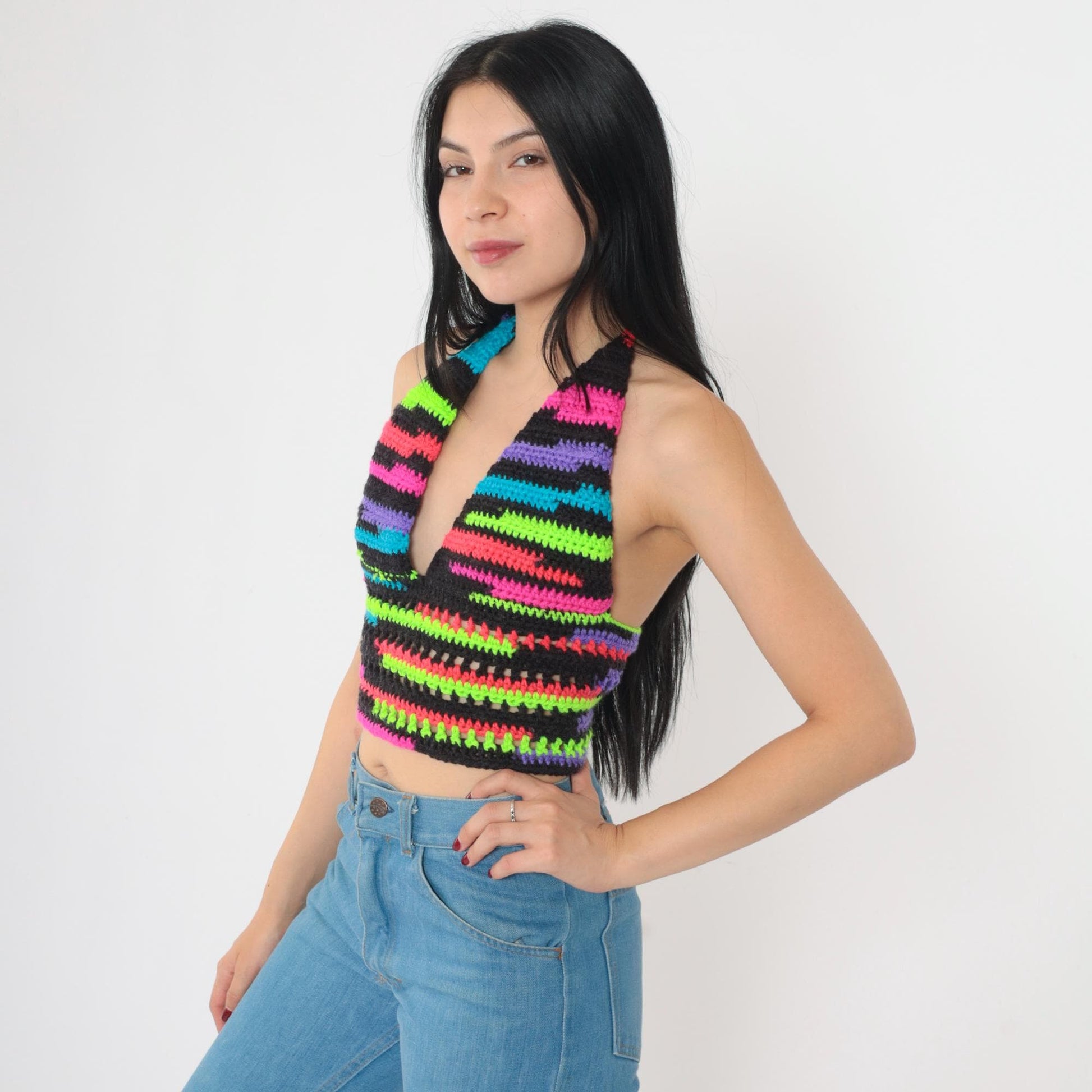 Y2K Neon Striped Crochet Halter Top Black V-Neck Tie-Back Small Medium