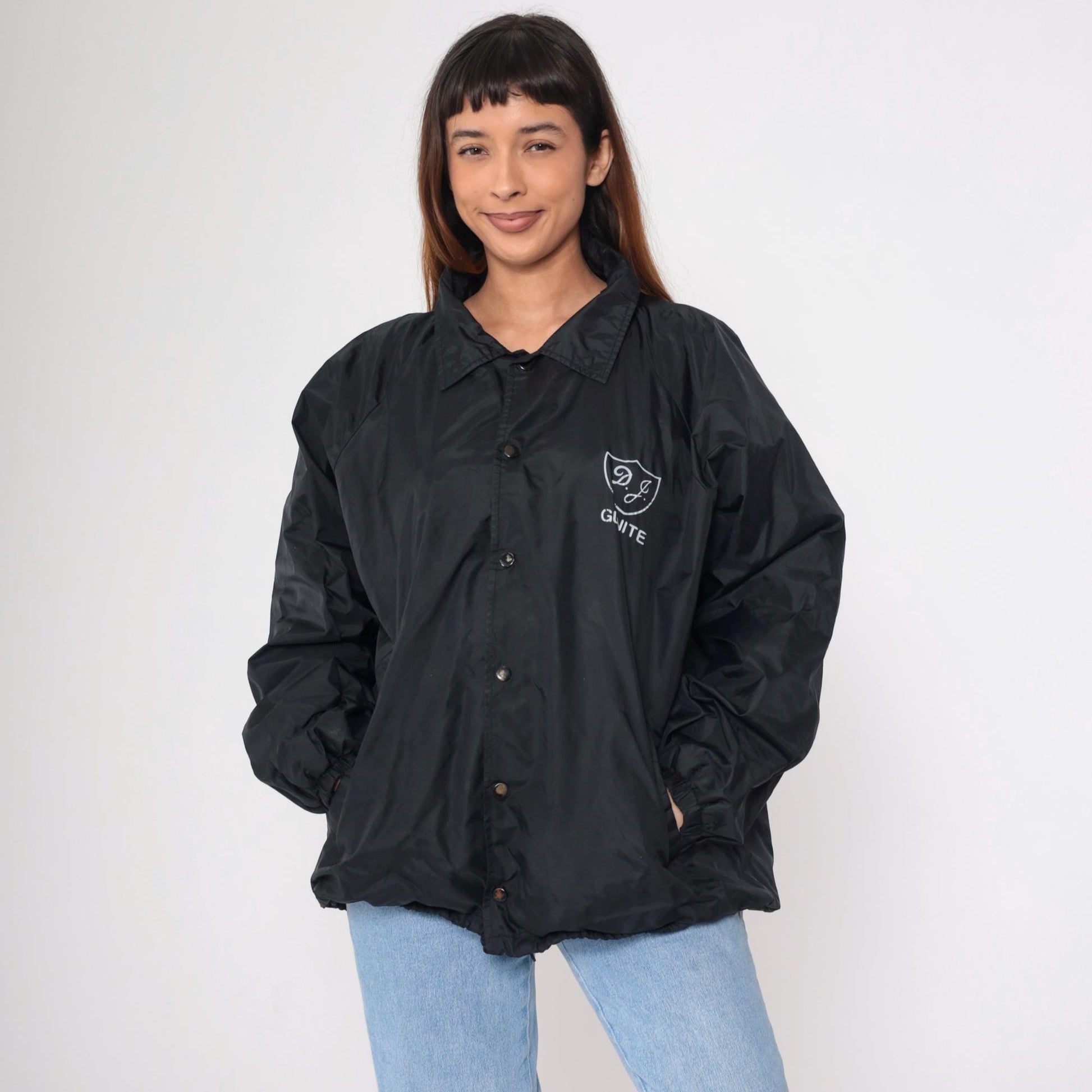 90s DJ Gunite Trucking Black Nylon Coaches Jacket Huntington Beach Extra Large XL