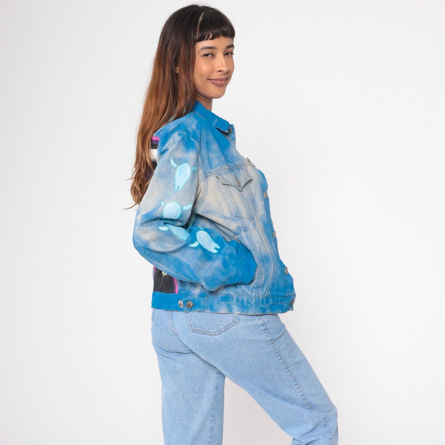 90s Airbrushed Denim Jacket Cow Skull Bison Print Western Blue Medium M