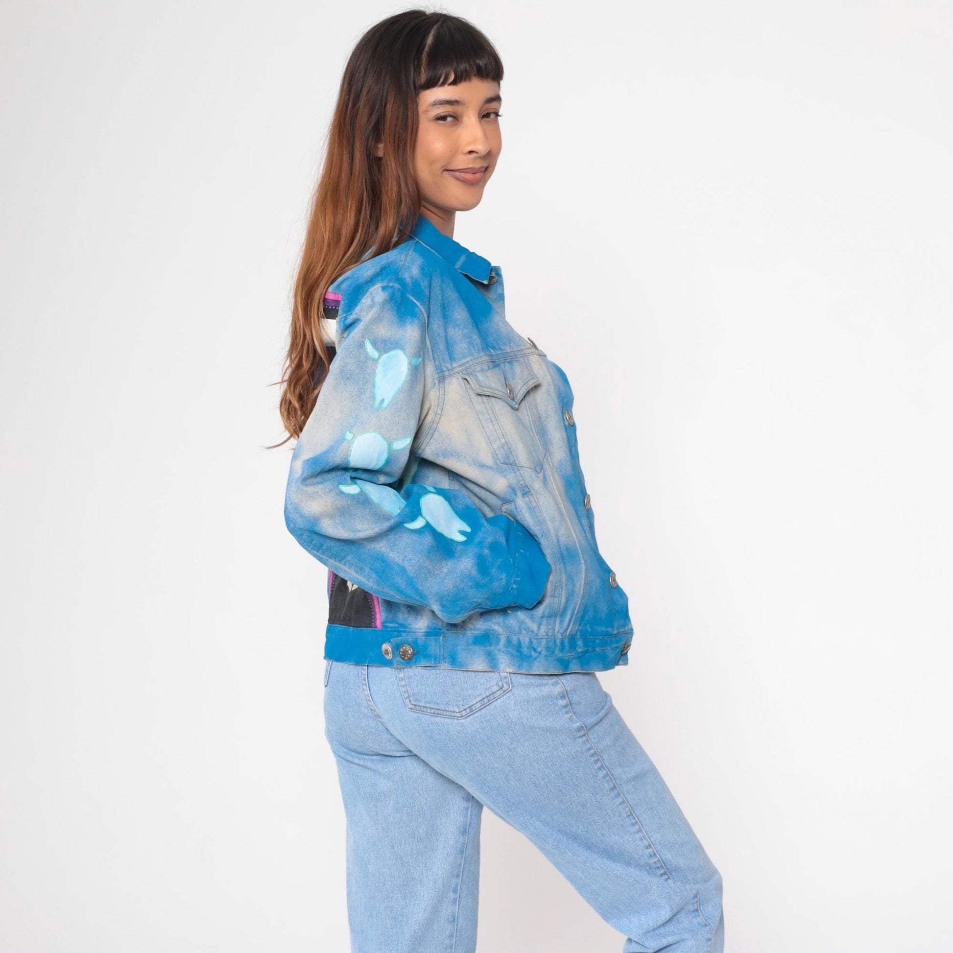 90s Airbrushed Denim Jacket Cow Skull Bison Print Western Blue Medium M