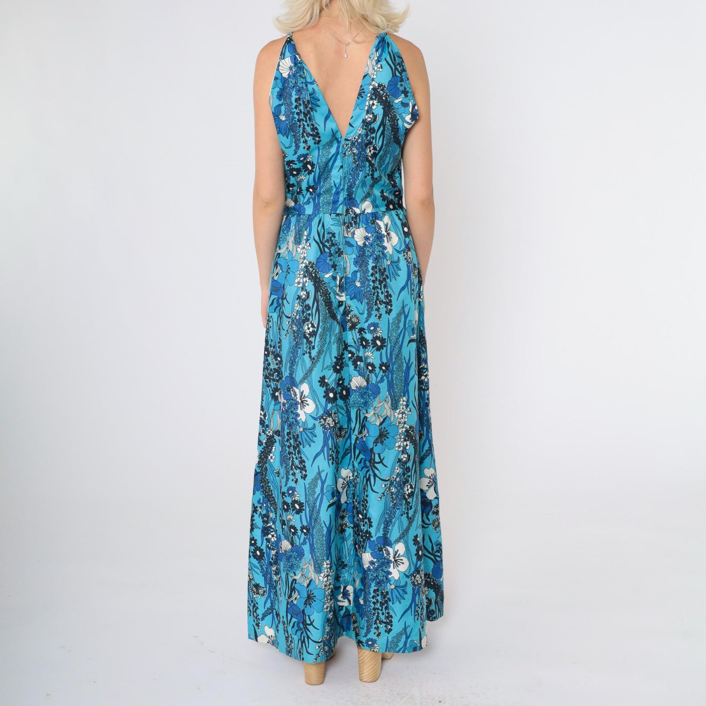 70s Blue Tropical Floral Halter Maxi Dress Deep V Back High Waist Small