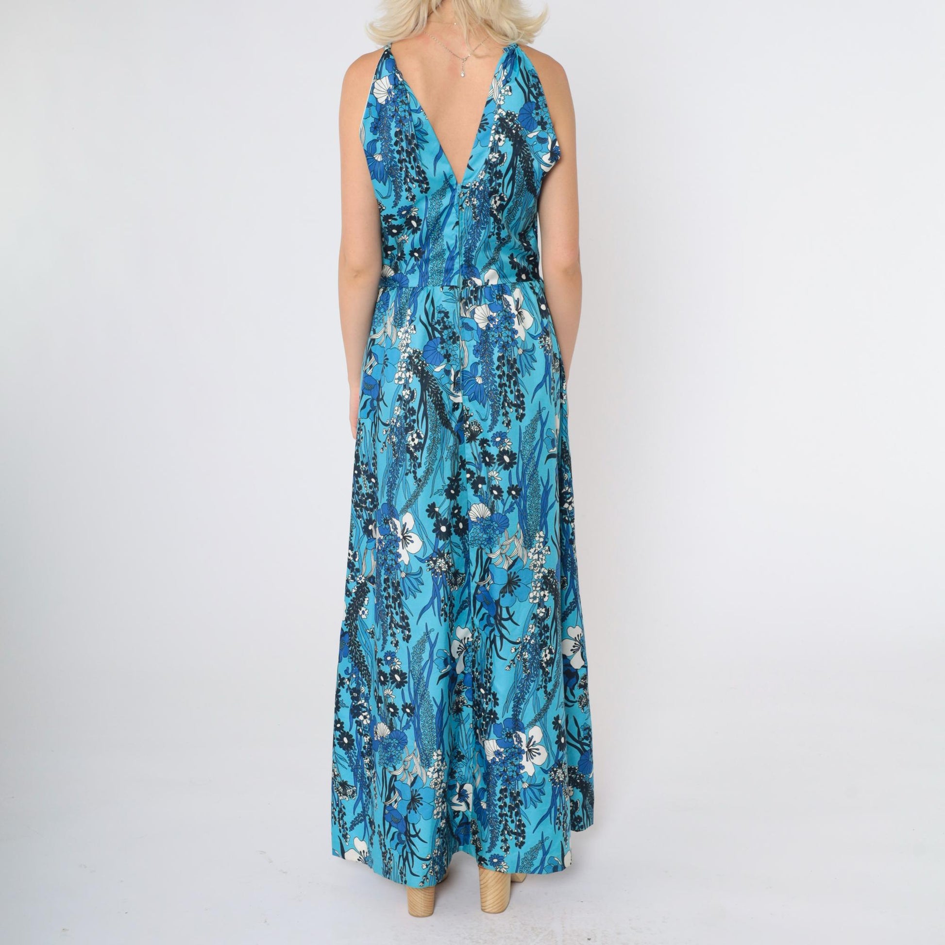 70s Blue Tropical Floral Halter Maxi Dress Deep V Back High Waist Small