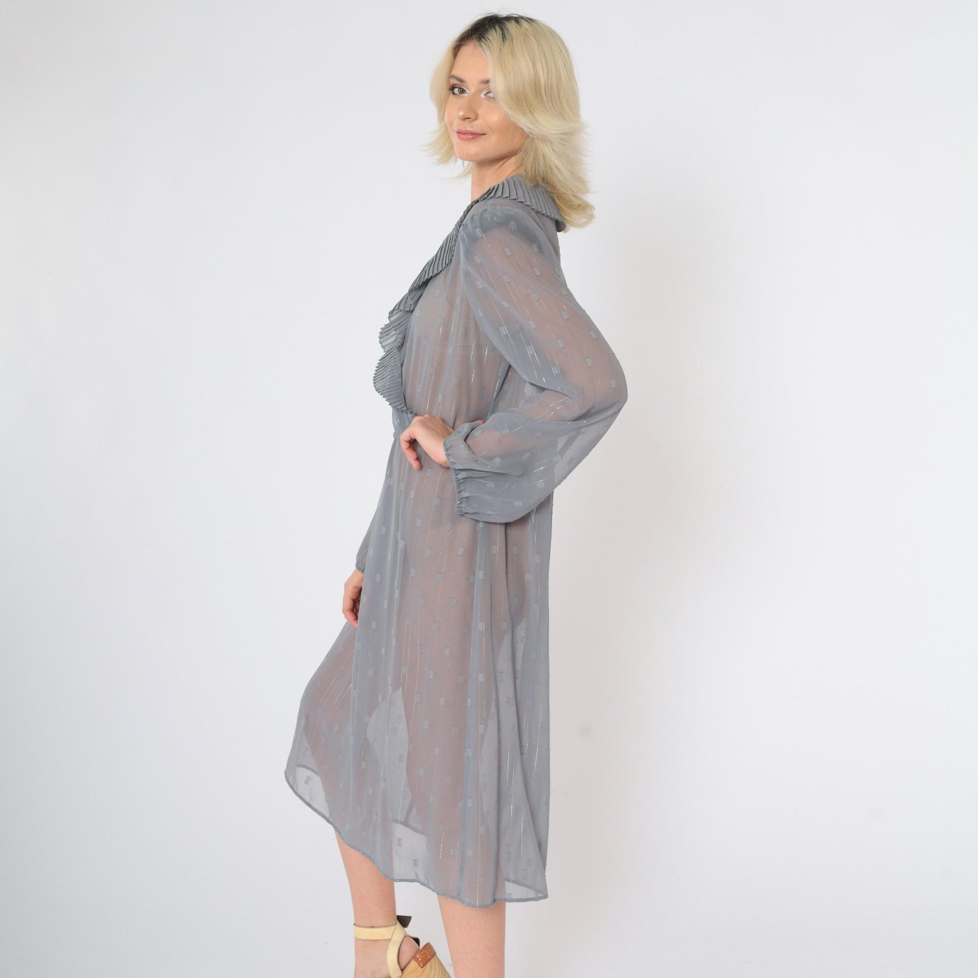 80s Donna Morgan Sheer Grid Midi Dress Grey Metallic Puff Sleeve Deep V Large