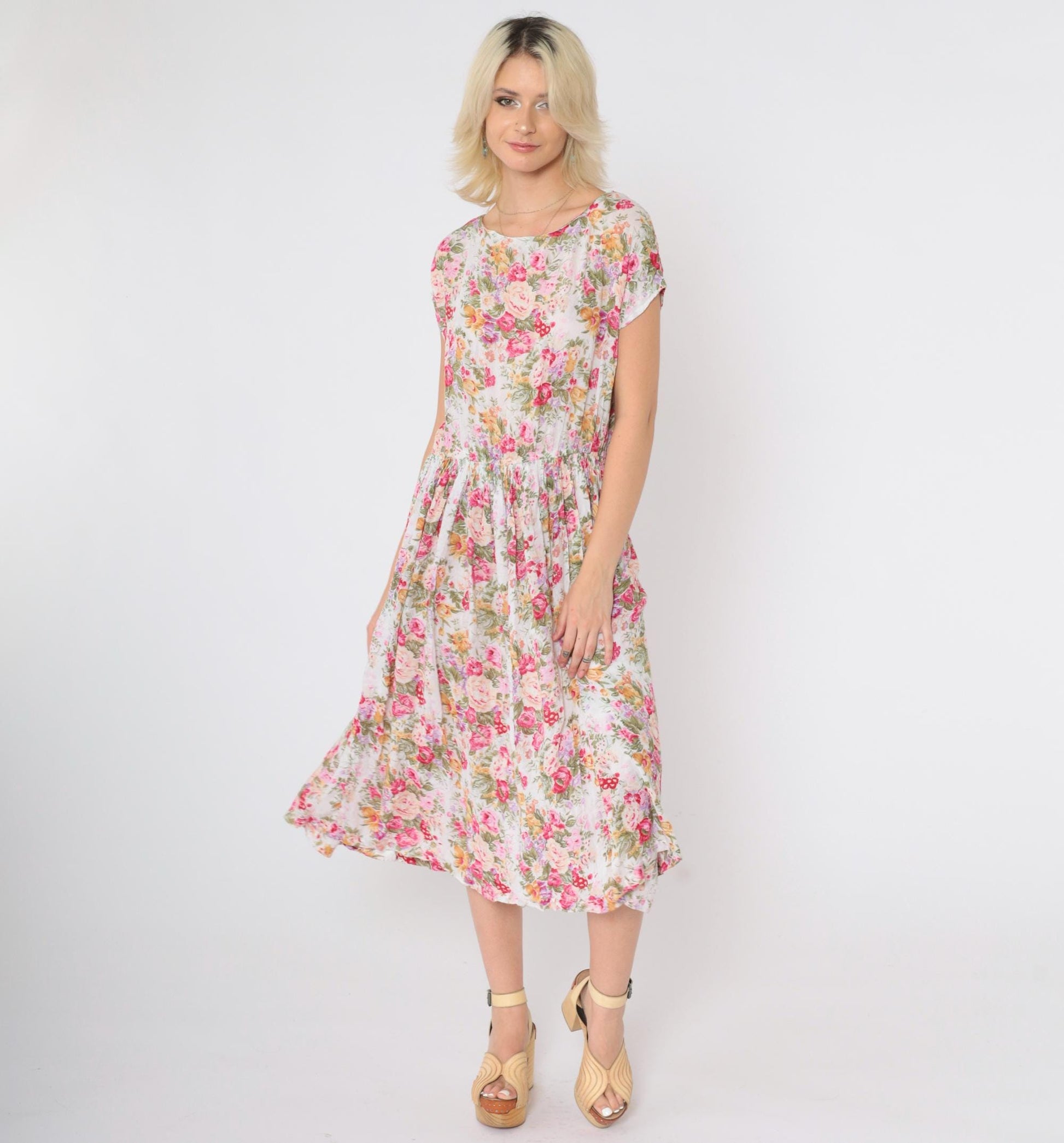 90s Bila Floral Midi Dress White Pink Yellow Green High Waist Medium M