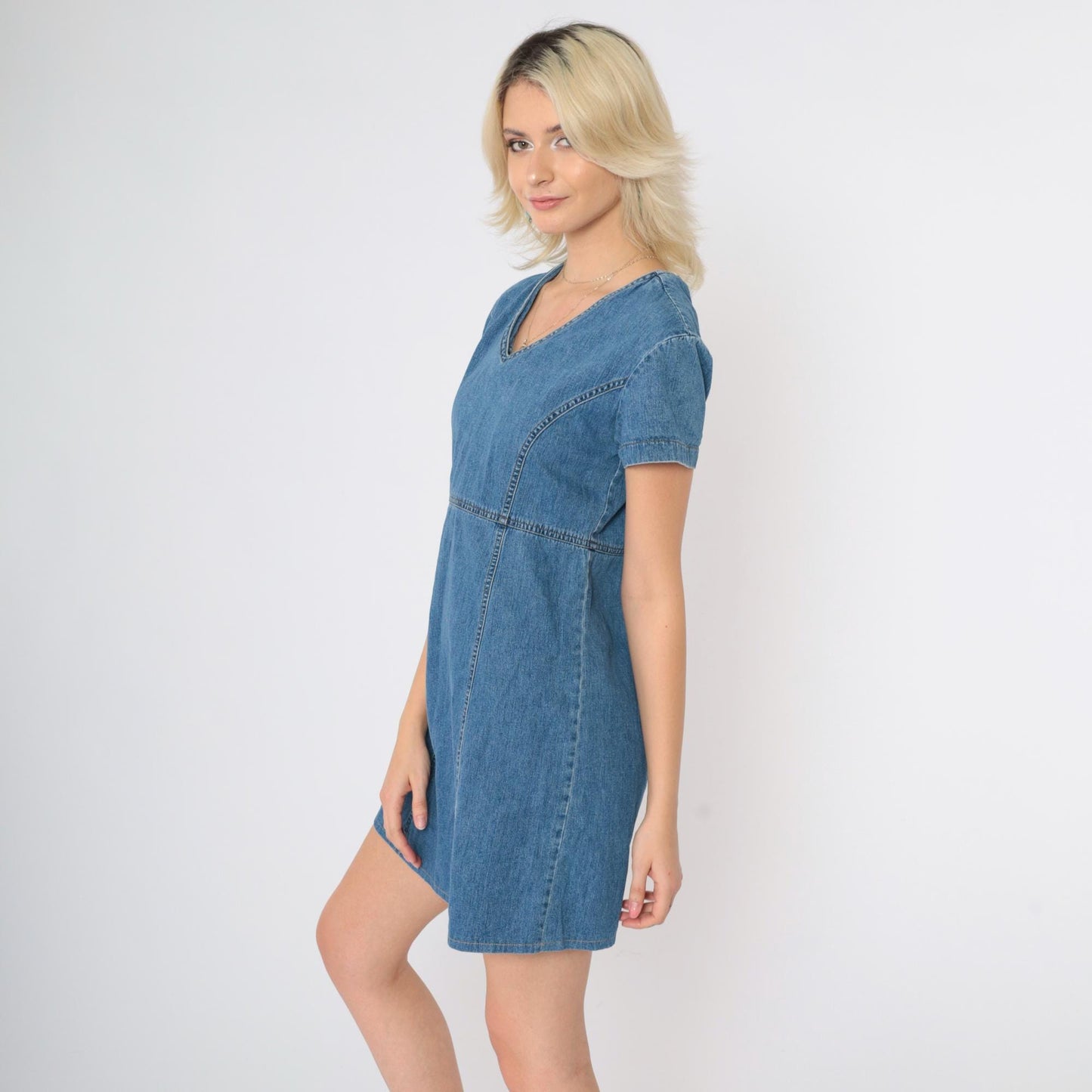 90s Laura Ashley Blue Denim Mini Dress Empire Waist V Neck Small 6