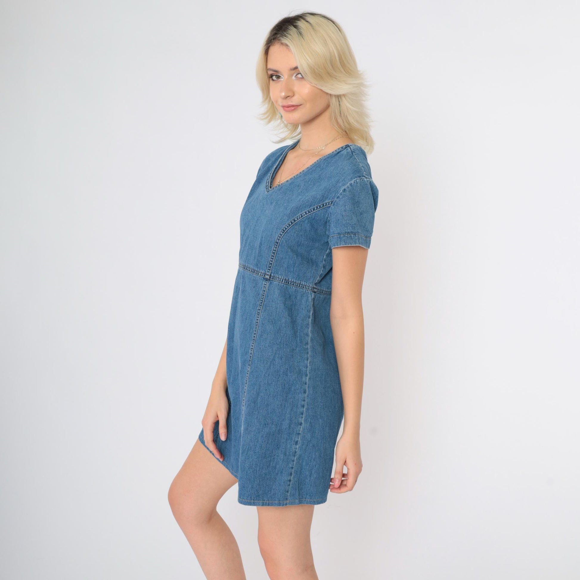 90s Laura Ashley Blue Denim Mini Dress Empire Waist V Neck Small 6