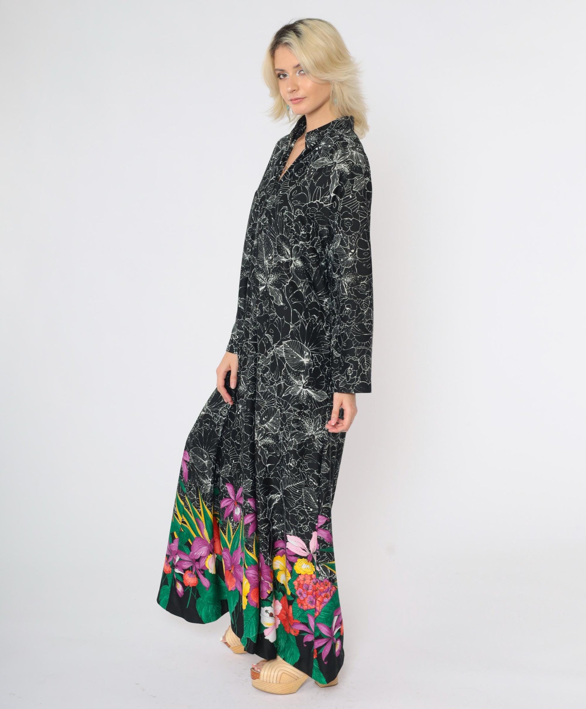 70s Black Floral Maxi Dress Hibiscus Print Front Zip Wide Sleeve Large L