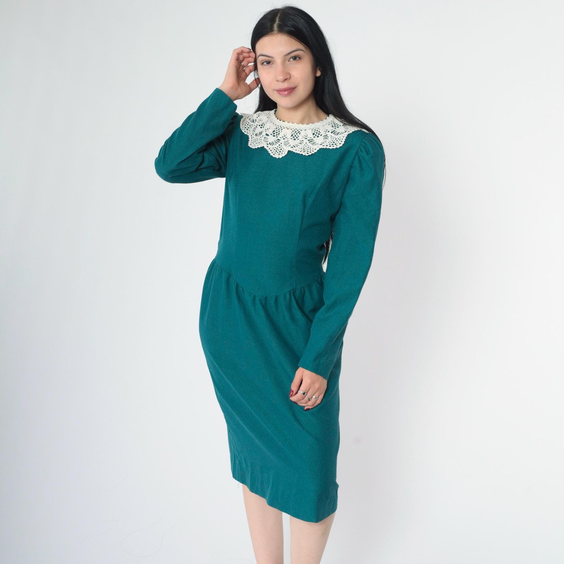 80s Teal Crochet Collar Puff Sleeve Midi Dress Pencil Skirt Small