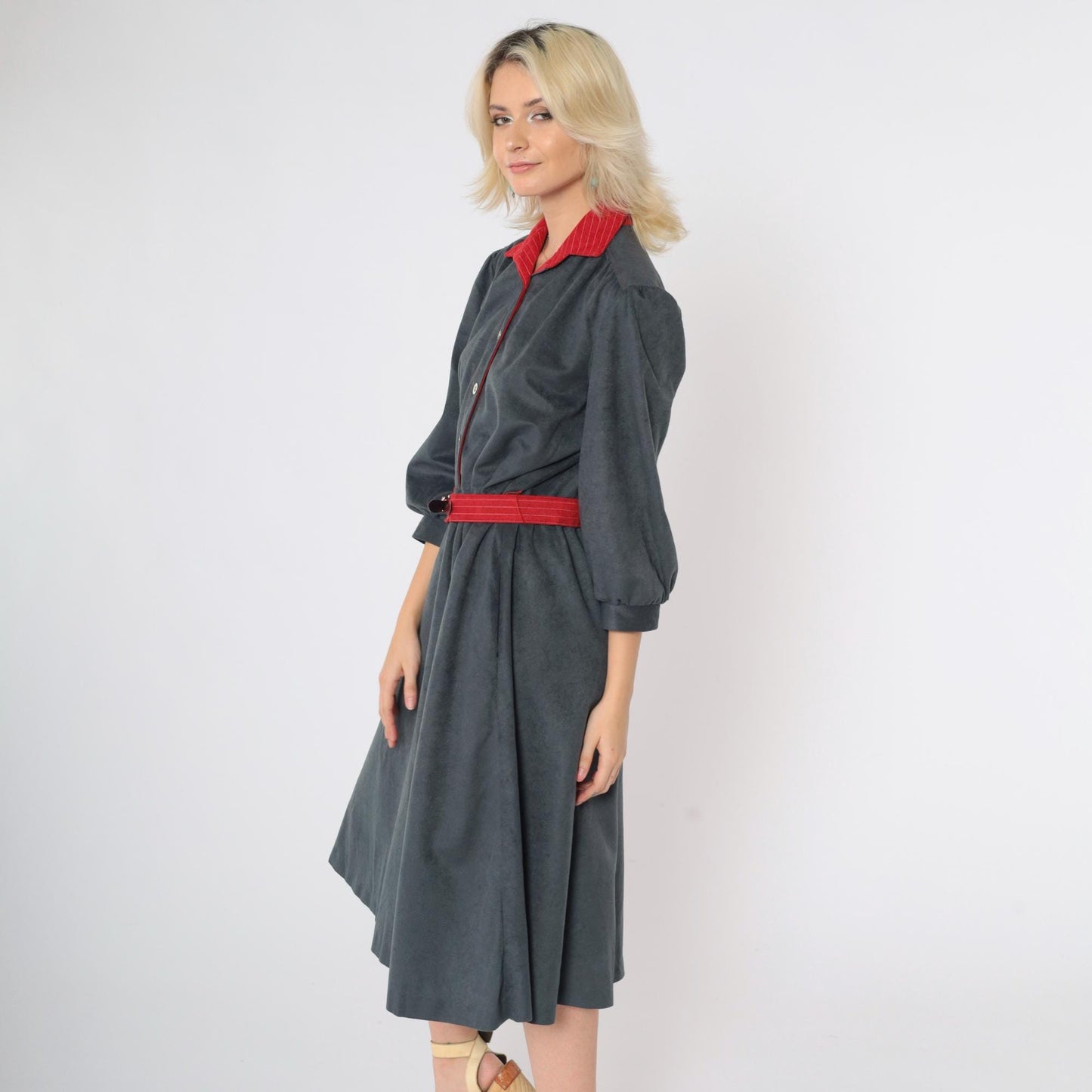 80s Velour Shirtdress Grey Red Contrast Puff Sleeve Midi Belted Medium