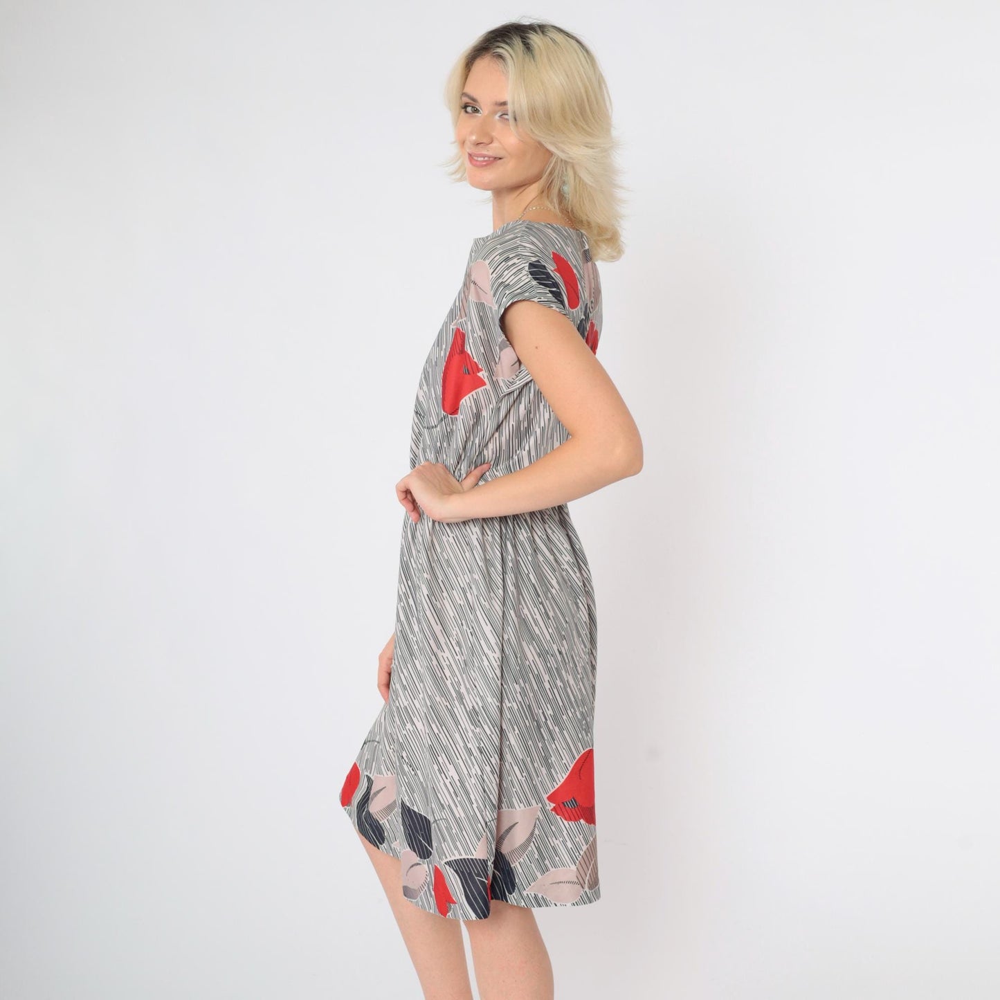 70s Floral Striped High-Waisted Dress Cap Sleeve Knee Length Small