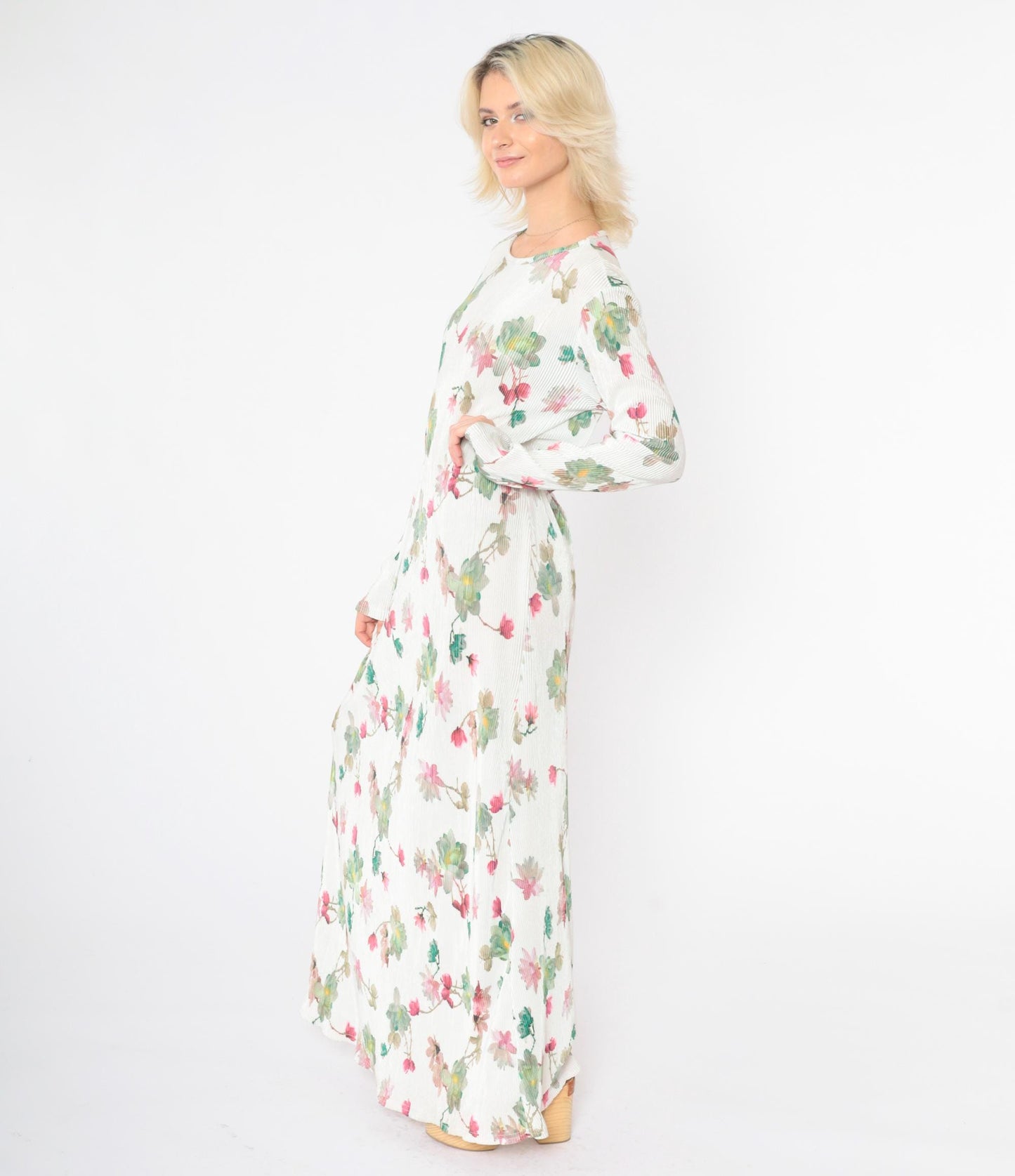 90s White Floral Maxi Dress High Elastic Waist Long Sleeve Ribbed Large L