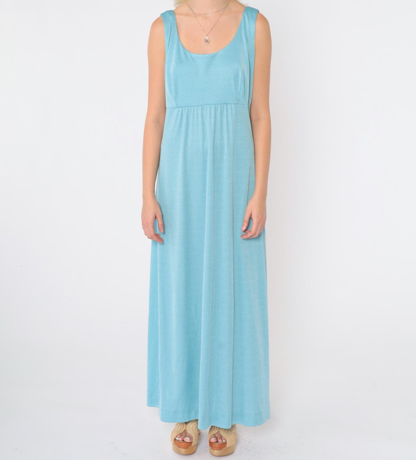 70s Blue Maxi Dress Empire Waist Scoop Neck Sleeveless Medium M