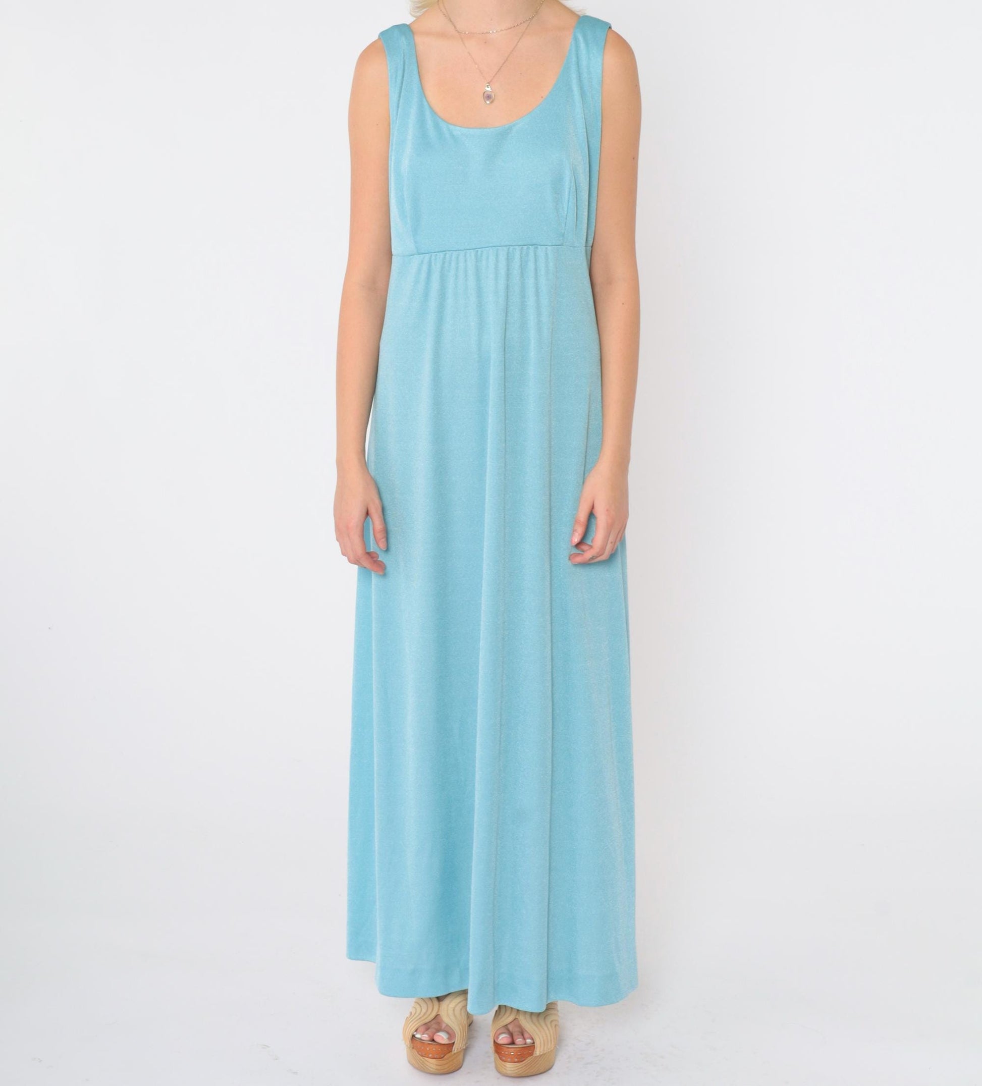70s Blue Maxi Dress Empire Waist Scoop Neck Sleeveless Medium M