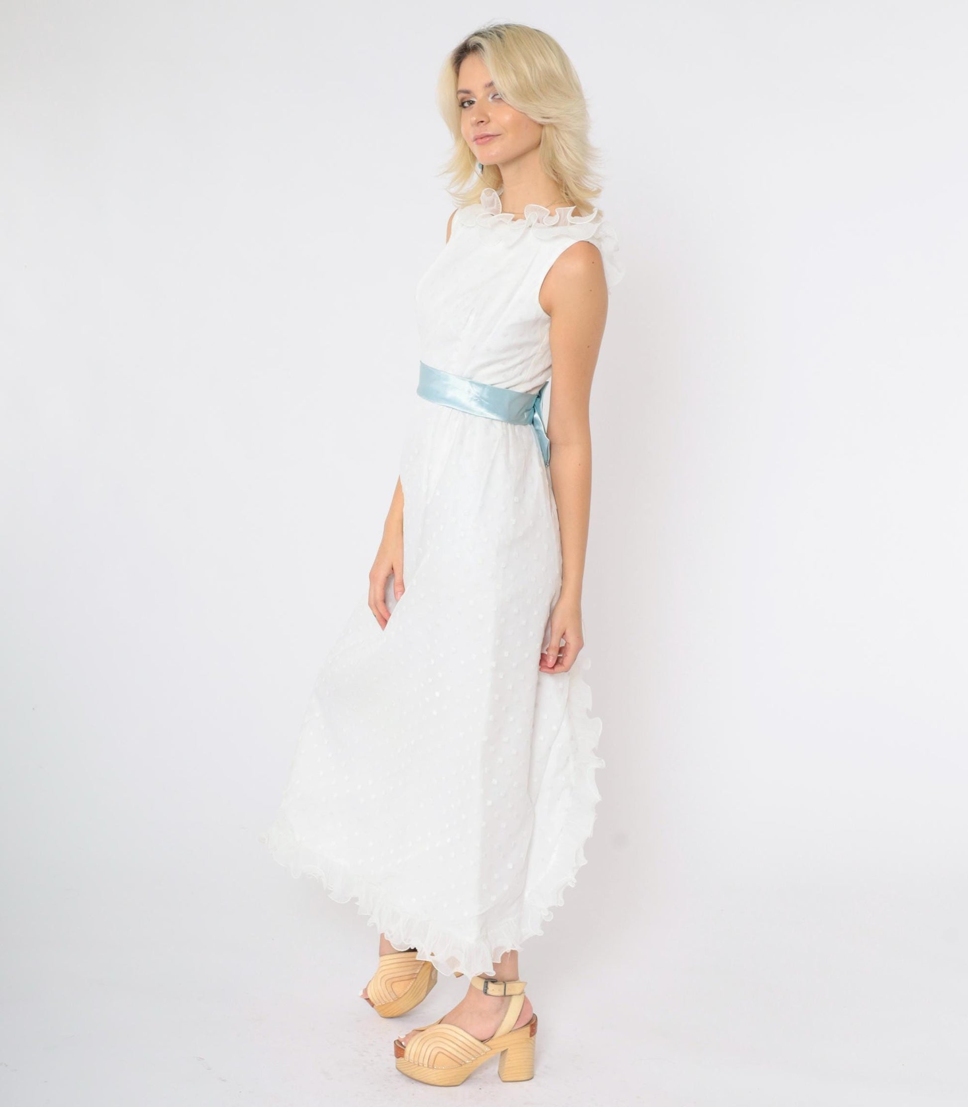 60s White Maxi Dress Flocked Polka Dot Empire Waist Satin Bow Extra Small