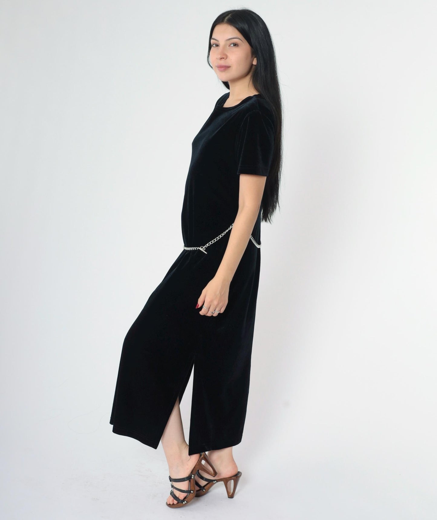 90s Ronni Nicole Black Velvet Midi Dress Chain Belt Side Slit Medium Petite