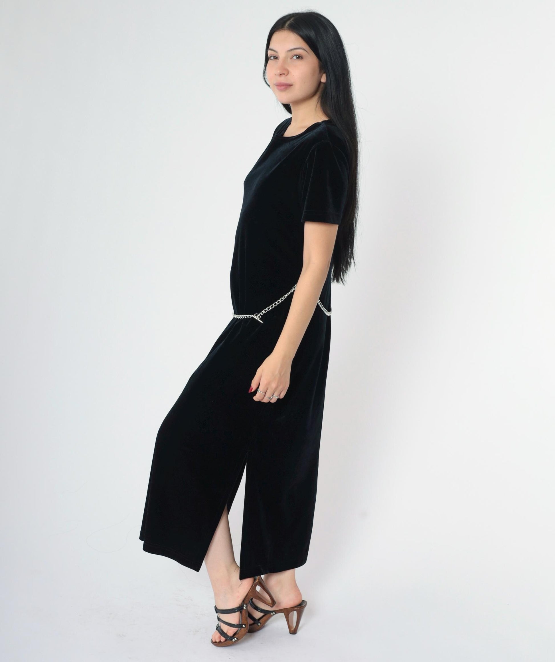90s Ronni Nicole Black Velvet Midi Dress Chain Belt Side Slit Medium Petite