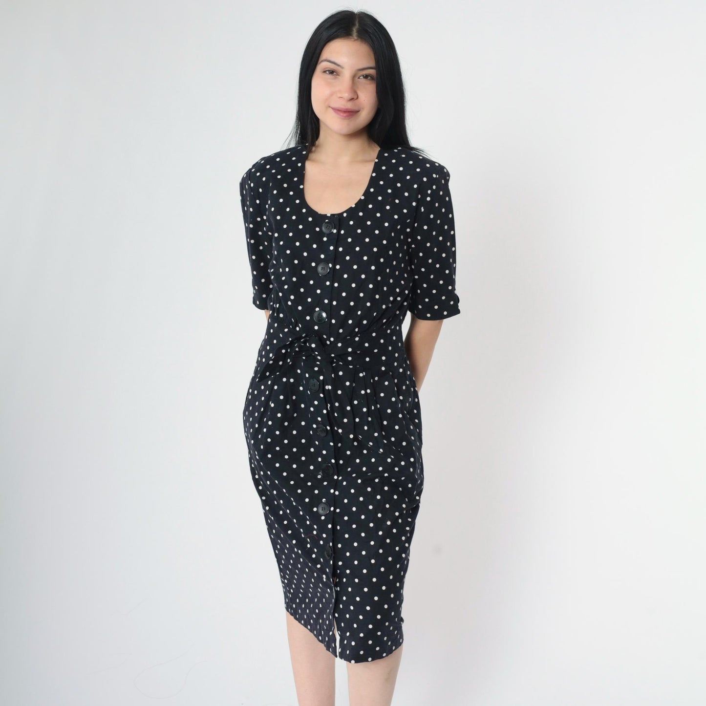 90s Black Polka Dot Midi Dress Button-Up Cotton High Waist Medium