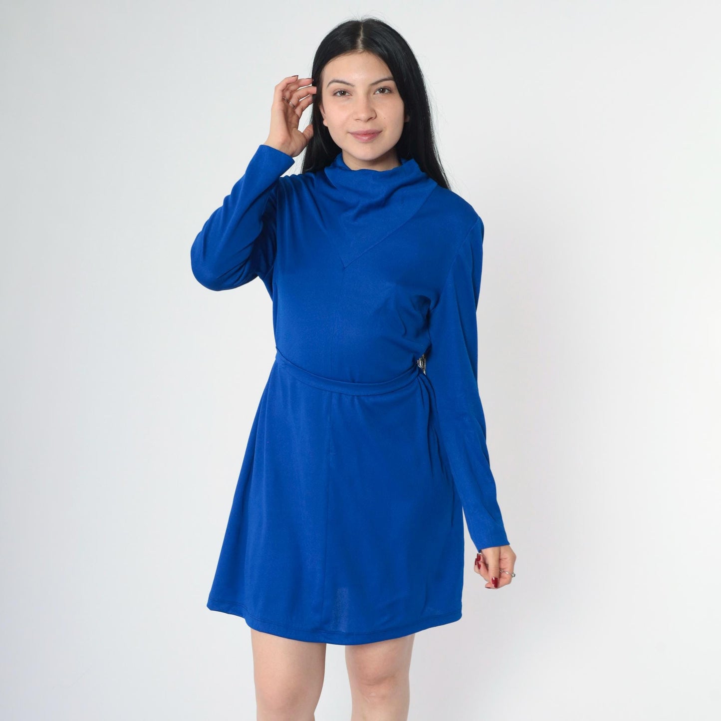 70s L'Aiglon Royal Blue Mini Shift Dress Cowl Neck Long Sleeve Medium M